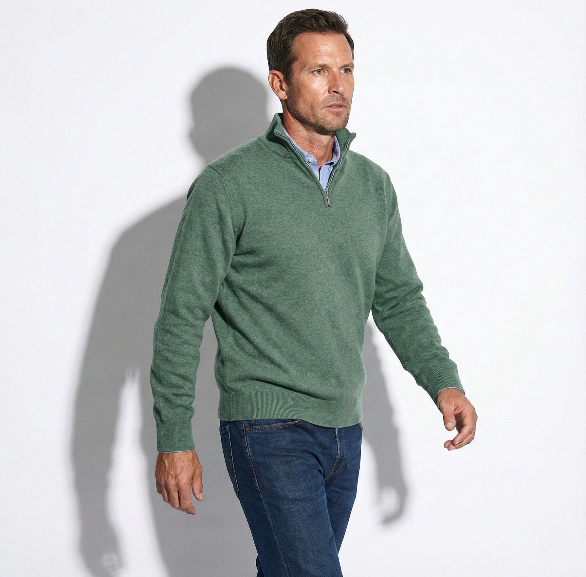 Men's navy knit quarter-zip sweater with stand collar, regular fit for business casual warmth