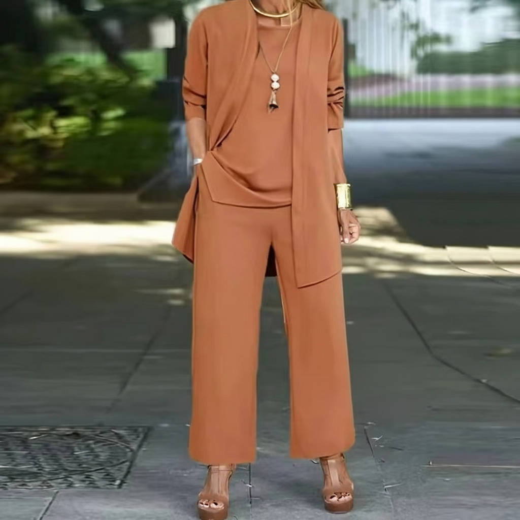 Women's 3-piece pantsuit elegant work-to-evening ensemble with matching vest top and tailored pants