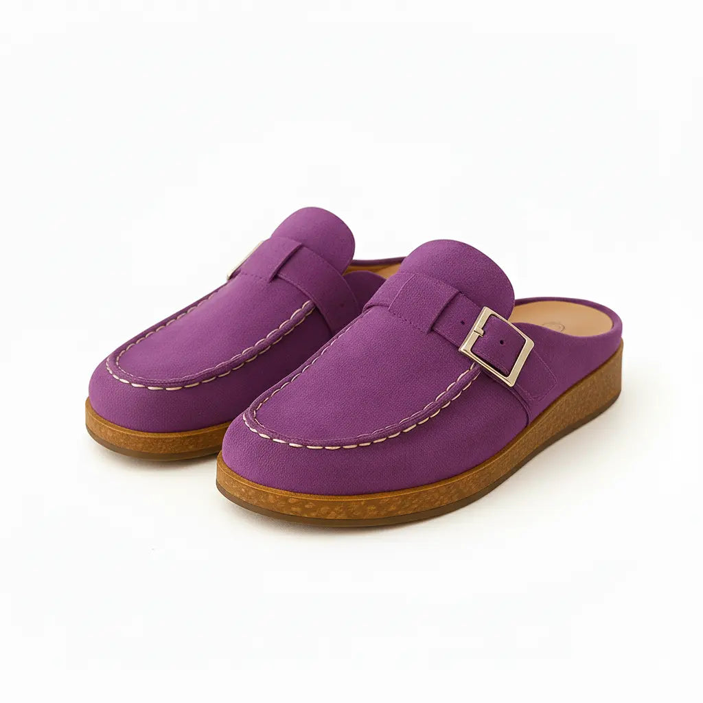 Women's wide fit suede slip-on mules lightweight everyday comfort with ergonomic footbed support