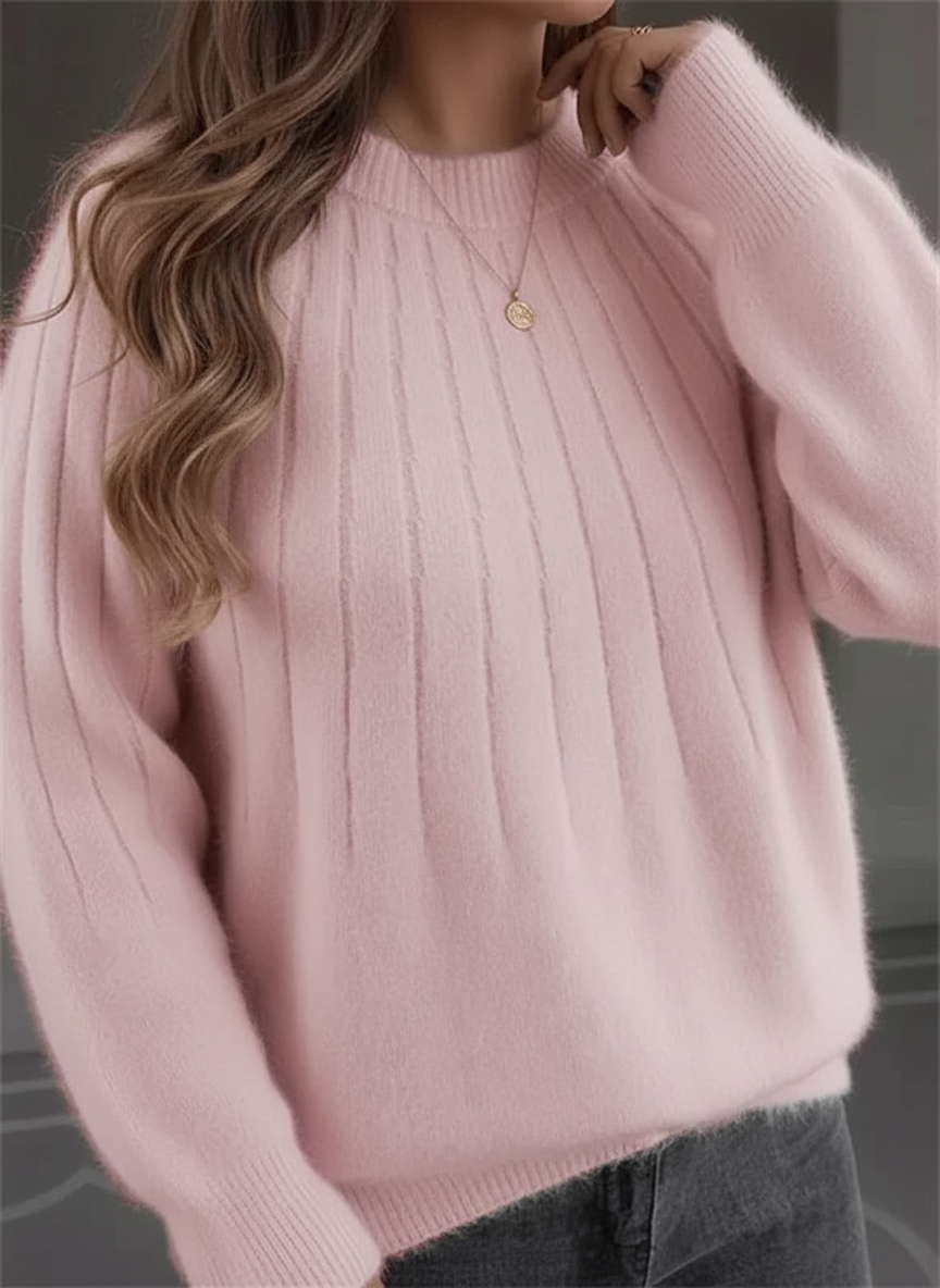 Plus size women's soft rib knit sweater in cozy fluffy fabric, curve-flattering autumn-winter style