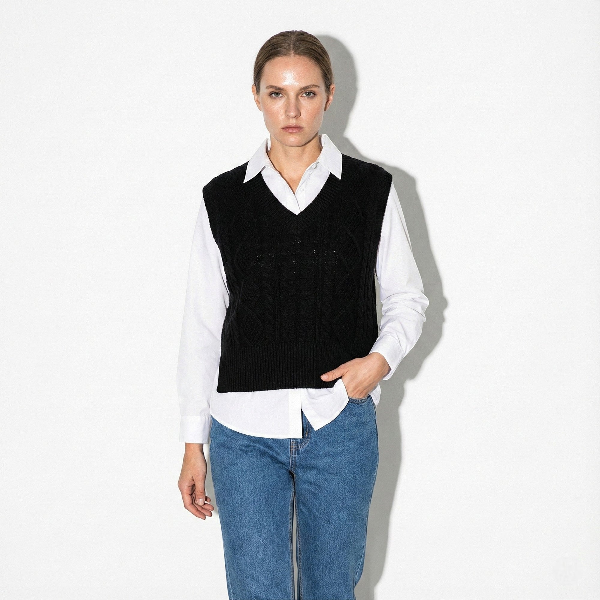 Women's cream cable knit sweater vest, V-neck vintage style with classic textured cable detailing