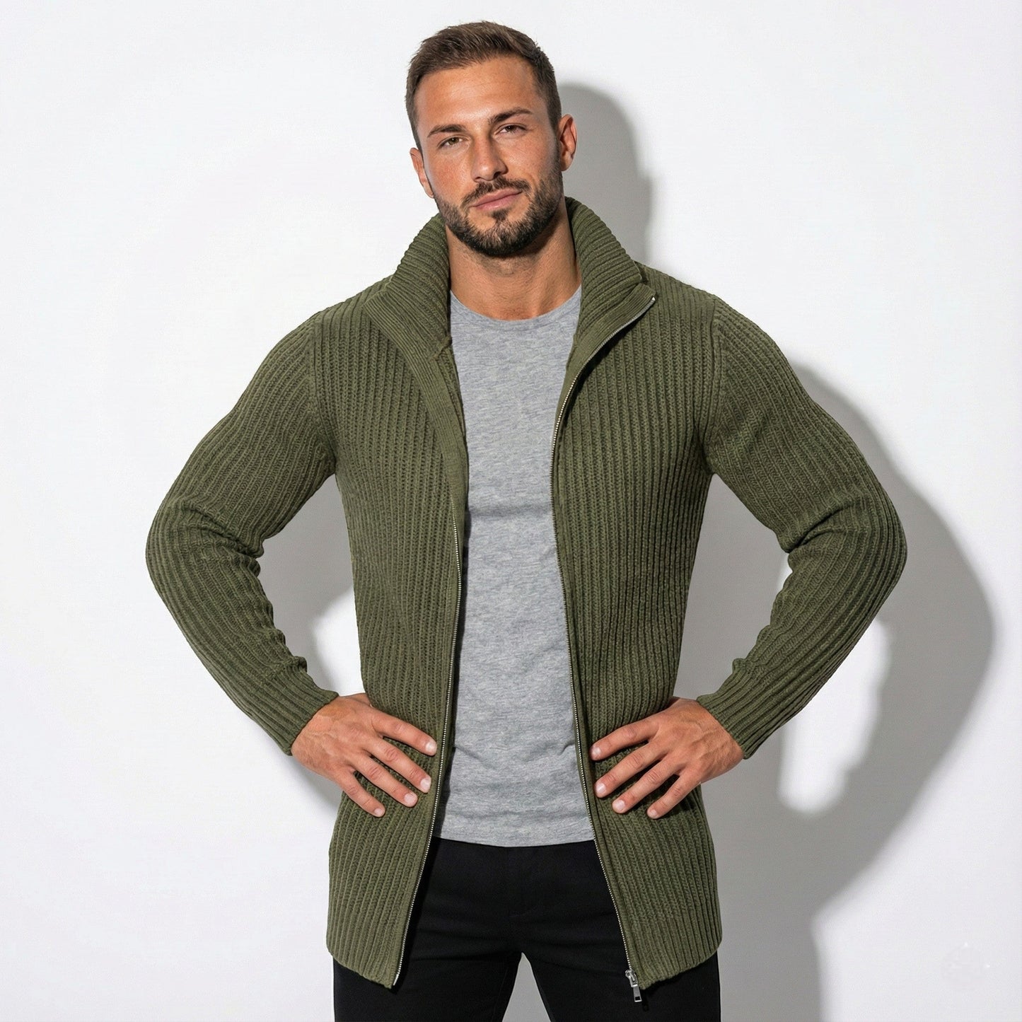 Men's slim fit knit cardigan zipper closure stand collar subtle stripe accent modern style