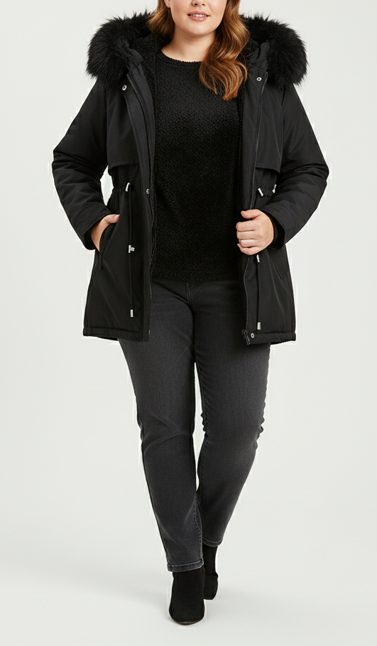 Women's plus size parka with faux fur hood, adjustable waist, warm winter outerwear in versatile style