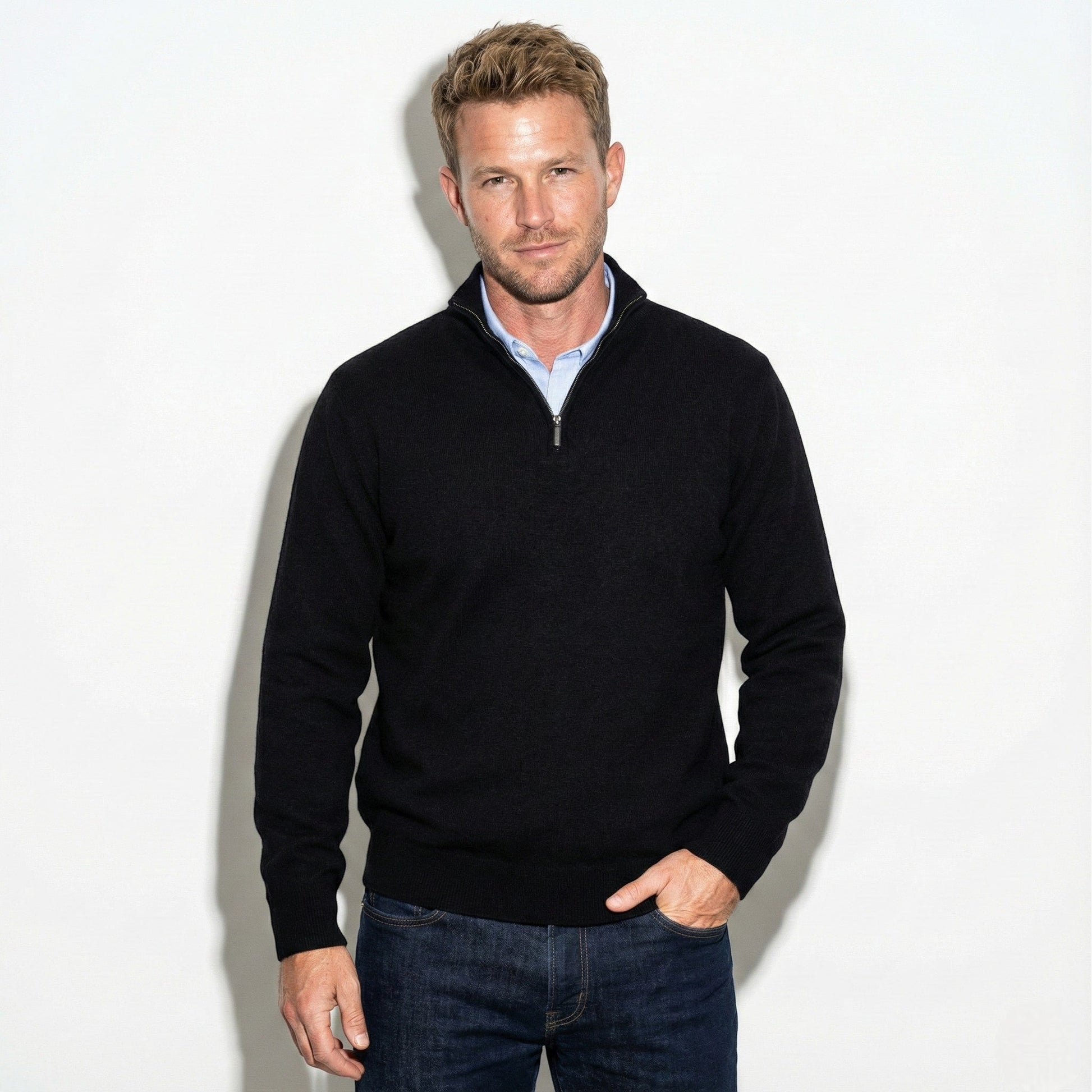 Men's knit quarter-zip sweater with stand collar, regular fit, versatile business casual layering piece