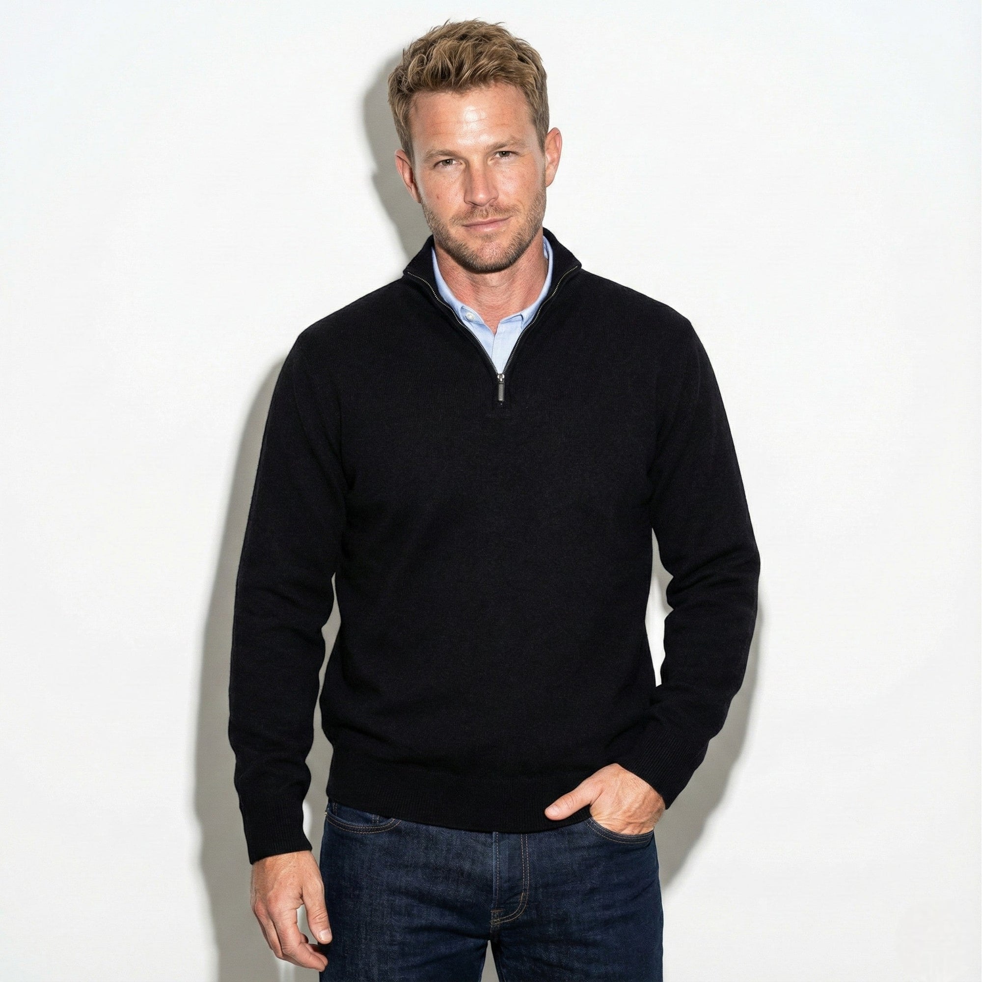 Men's knit quarter-zip sweater with stand collar, regular fit, versatile business casual layering piece