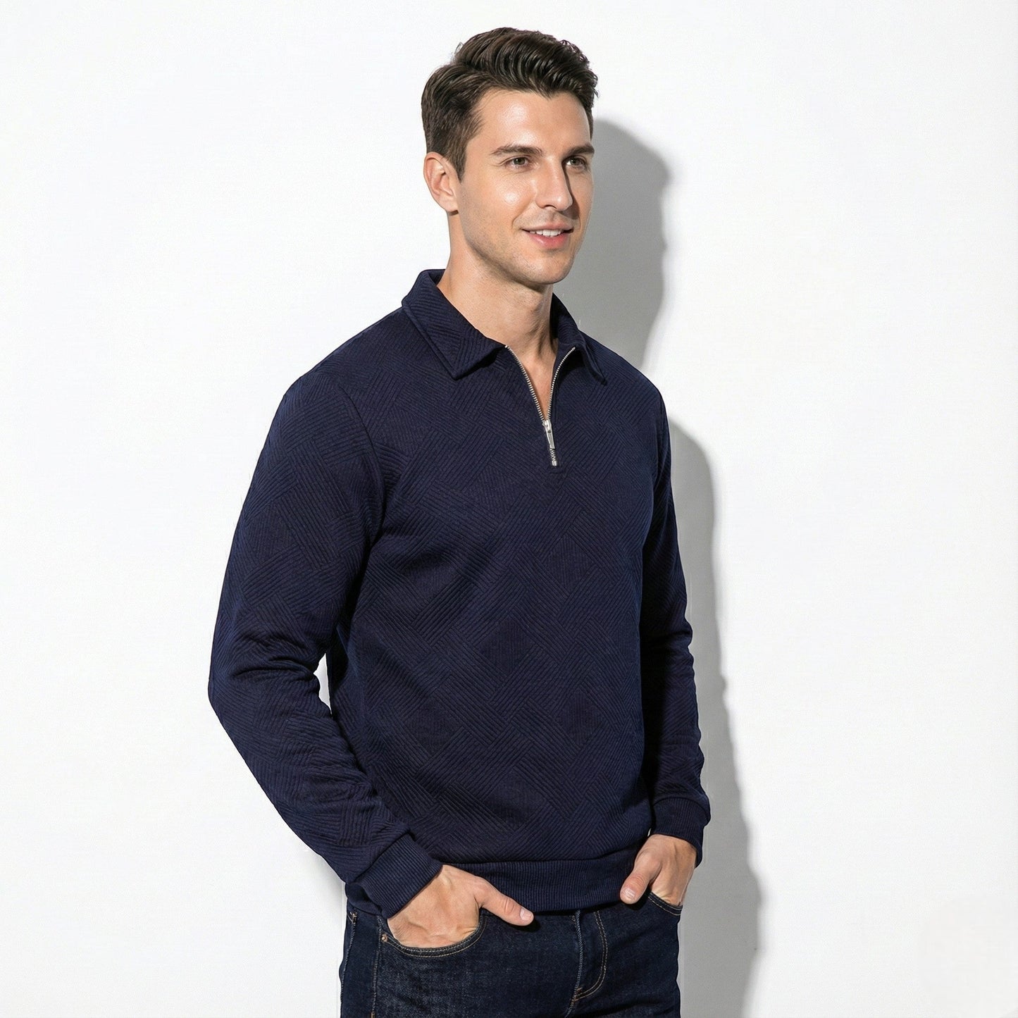 Men's wool zip collar sweater regular fit warm modern office casual style versatile layering