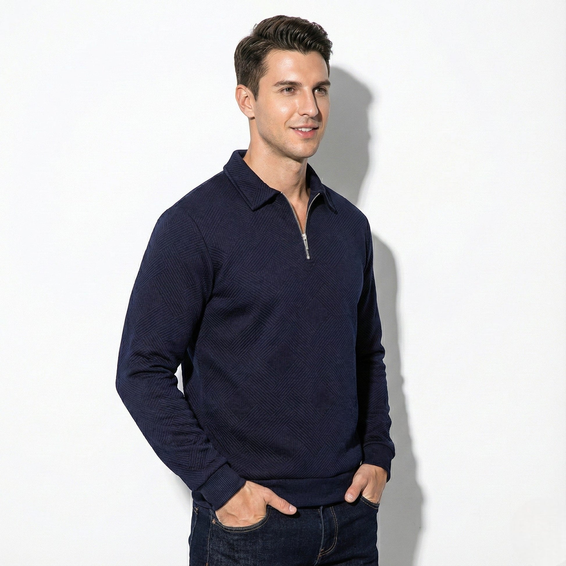 Men's wool zip collar sweater regular fit warm modern office casual style versatile layering