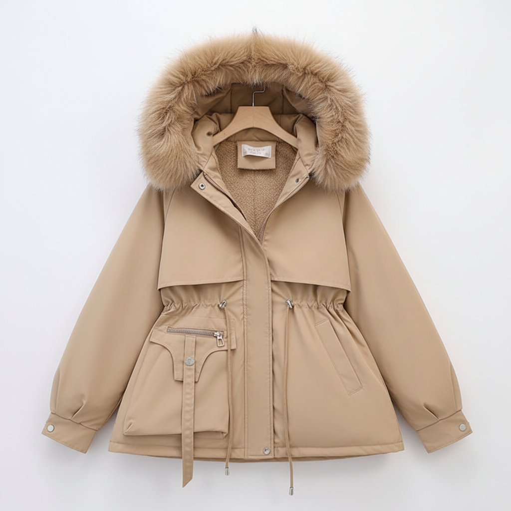 Women's plus-size parka with faux fur hood, adjustable waist, warm winter outerwear in versatile style