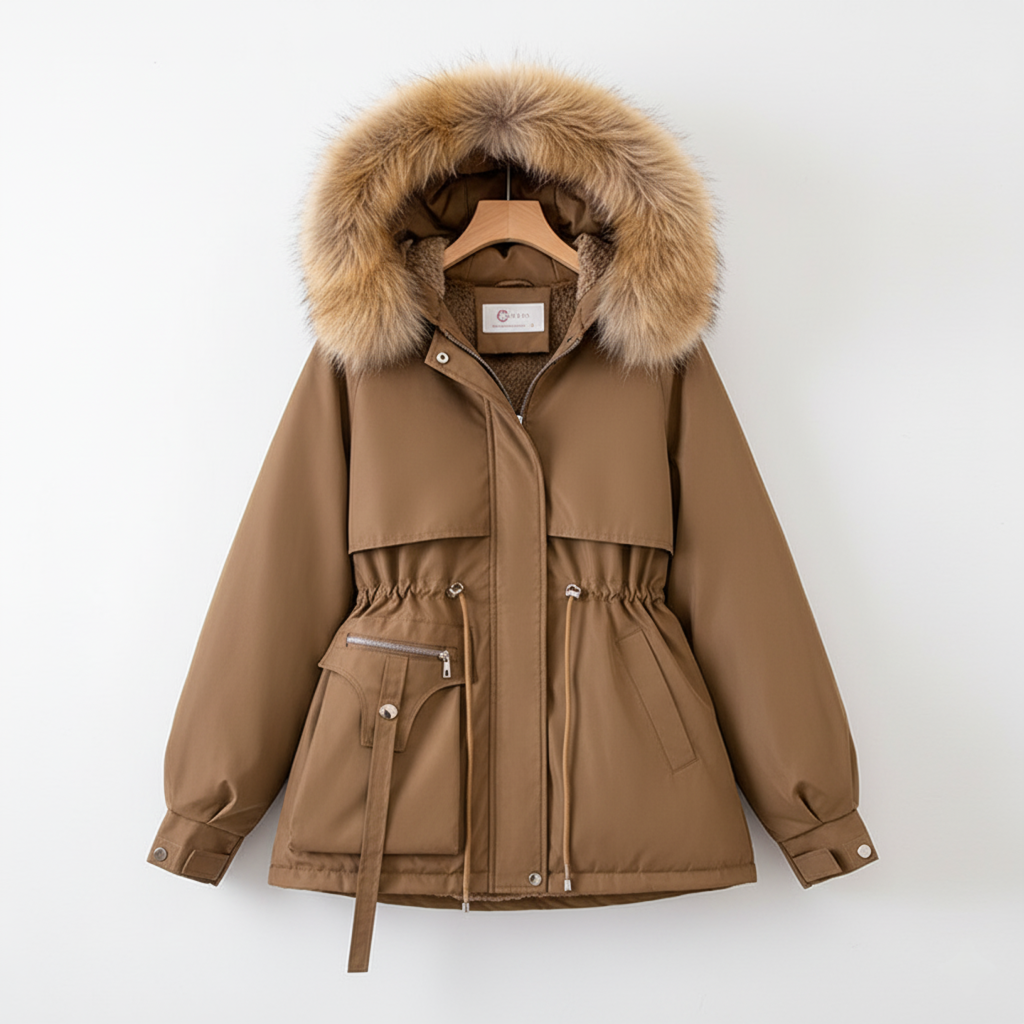 Women's plus-size parka with faux fur hood, adjustable waist, warm winter outerwear in versatile style