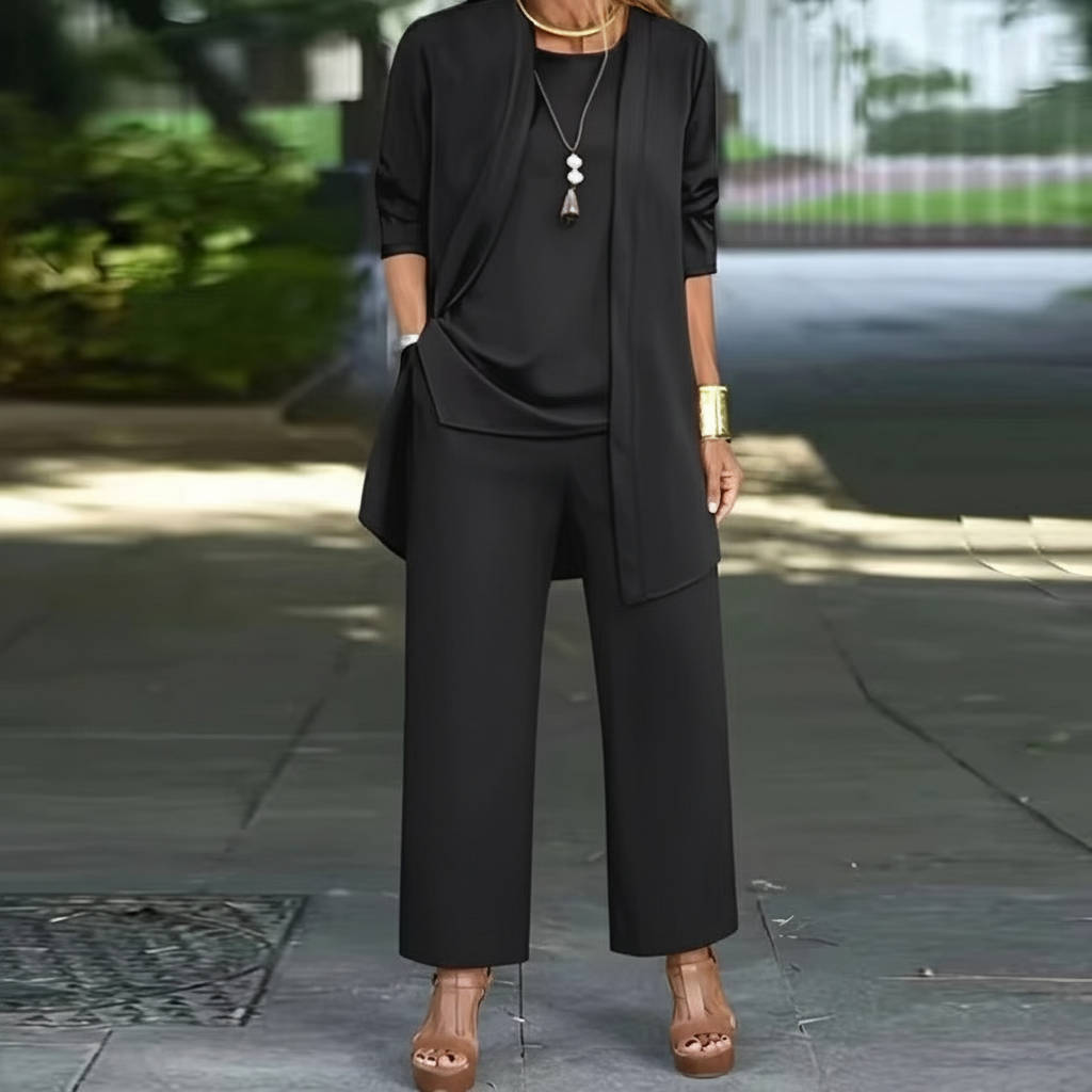 Women's 3-piece pantsuit elegant work-to-evening ensemble with coordinating vest top and tailored pants