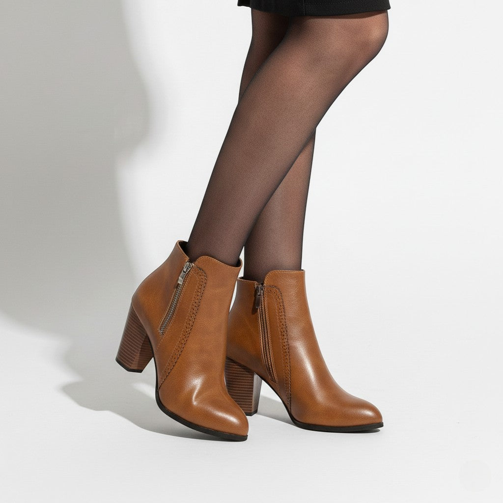 Women's black leather ankle boots with side zipper and 40mm block heel for elegant daily wear