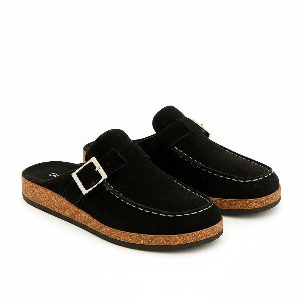 Women's suede slip-on mules wide fit lightweight ergonomic footbed everyday comfort style