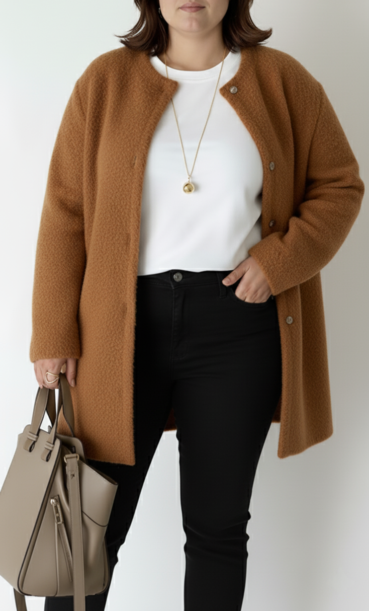Plus size women's knit cardigan elegant loose fit acrylic sweater cozy layering style for curvy figures