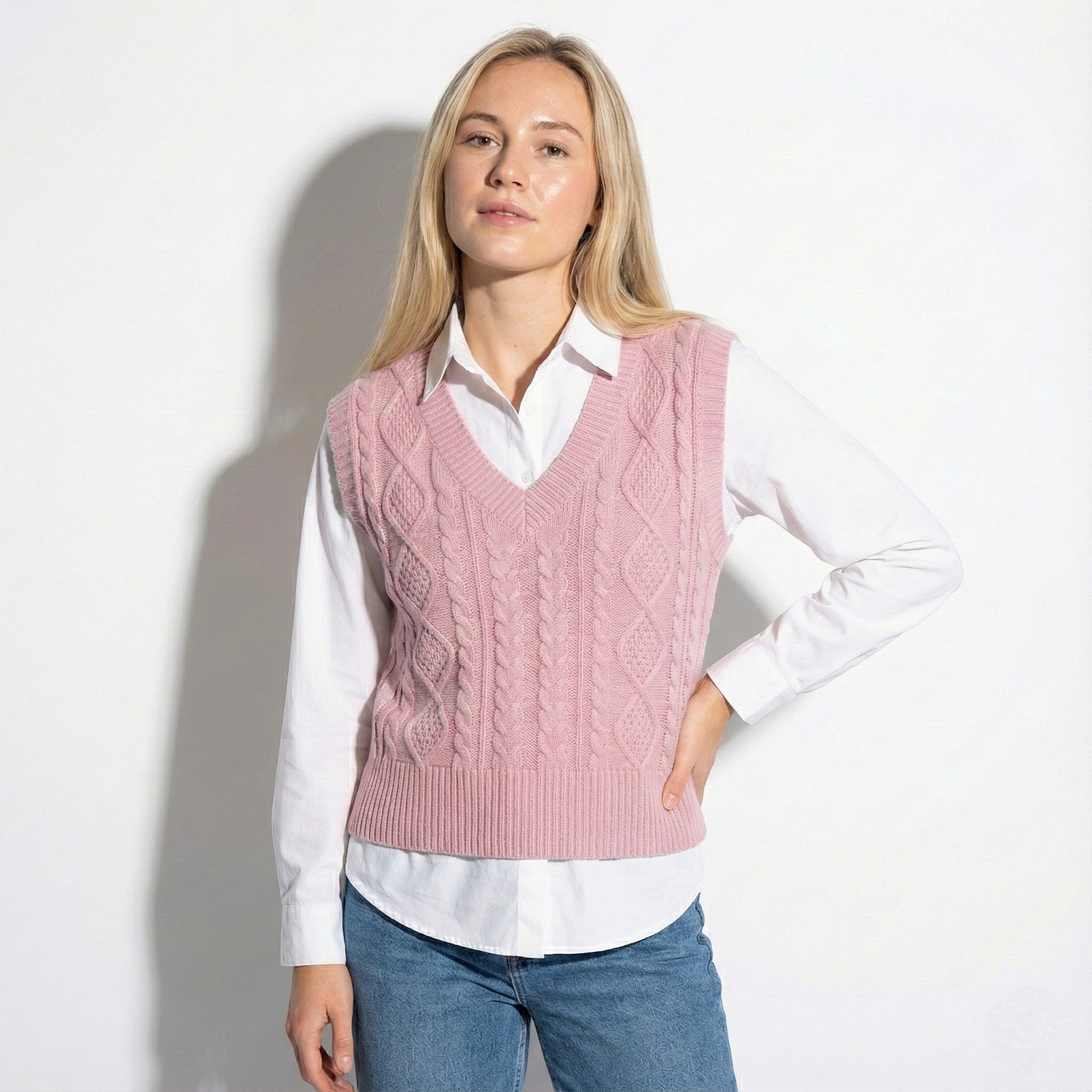 Women's cream cable knit sweater vest, V-neck vintage style with classic textured cable detail