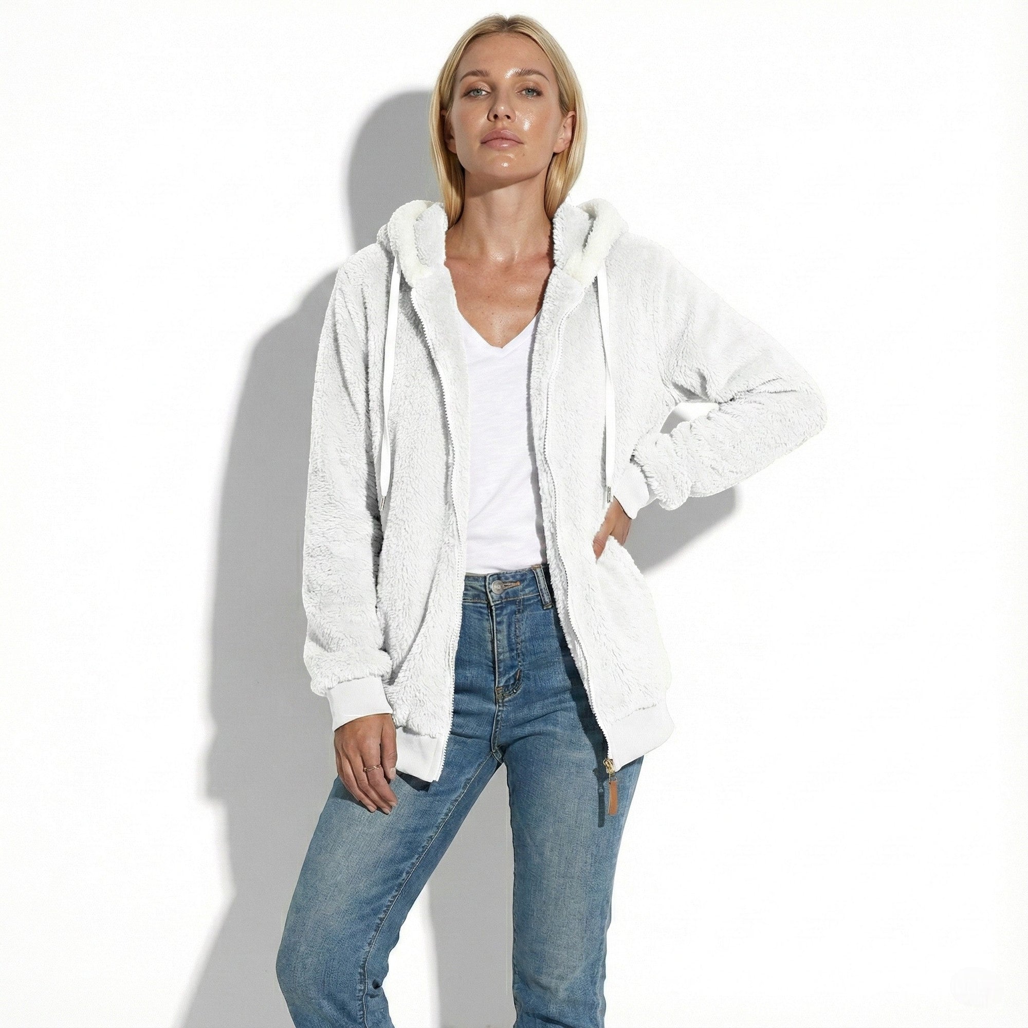 Women's oversized zip-up hoodie with drawstring hood, relaxed fit, soft sherpa-lined cozy layering