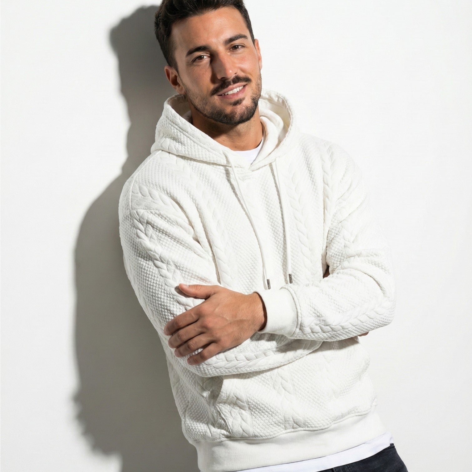 Men's oversized knit hoodie graphite black urban print relaxed fit with drawstring hood