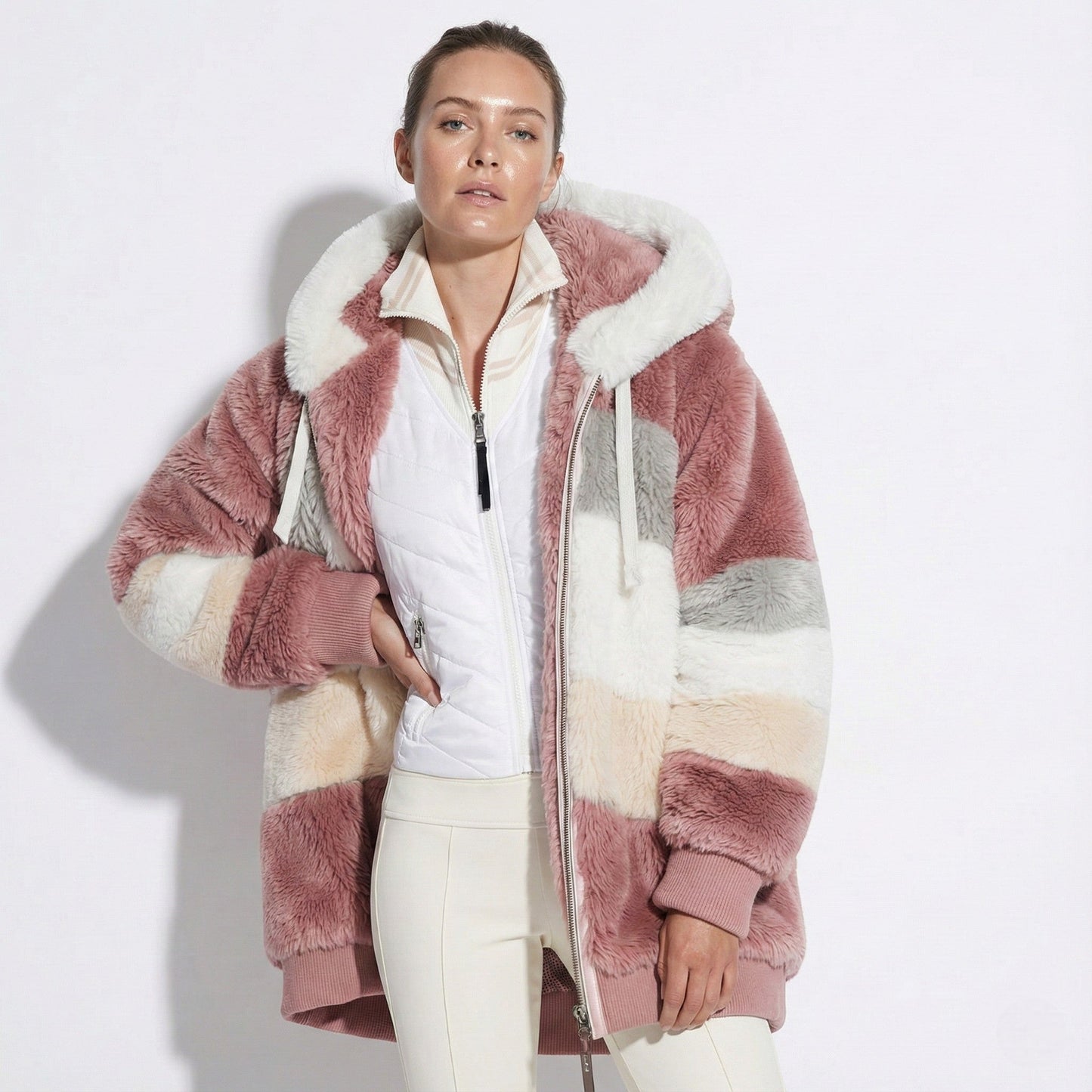 Women's oversized faux fur hooded jacket cozy warm urban layering style neutral tone