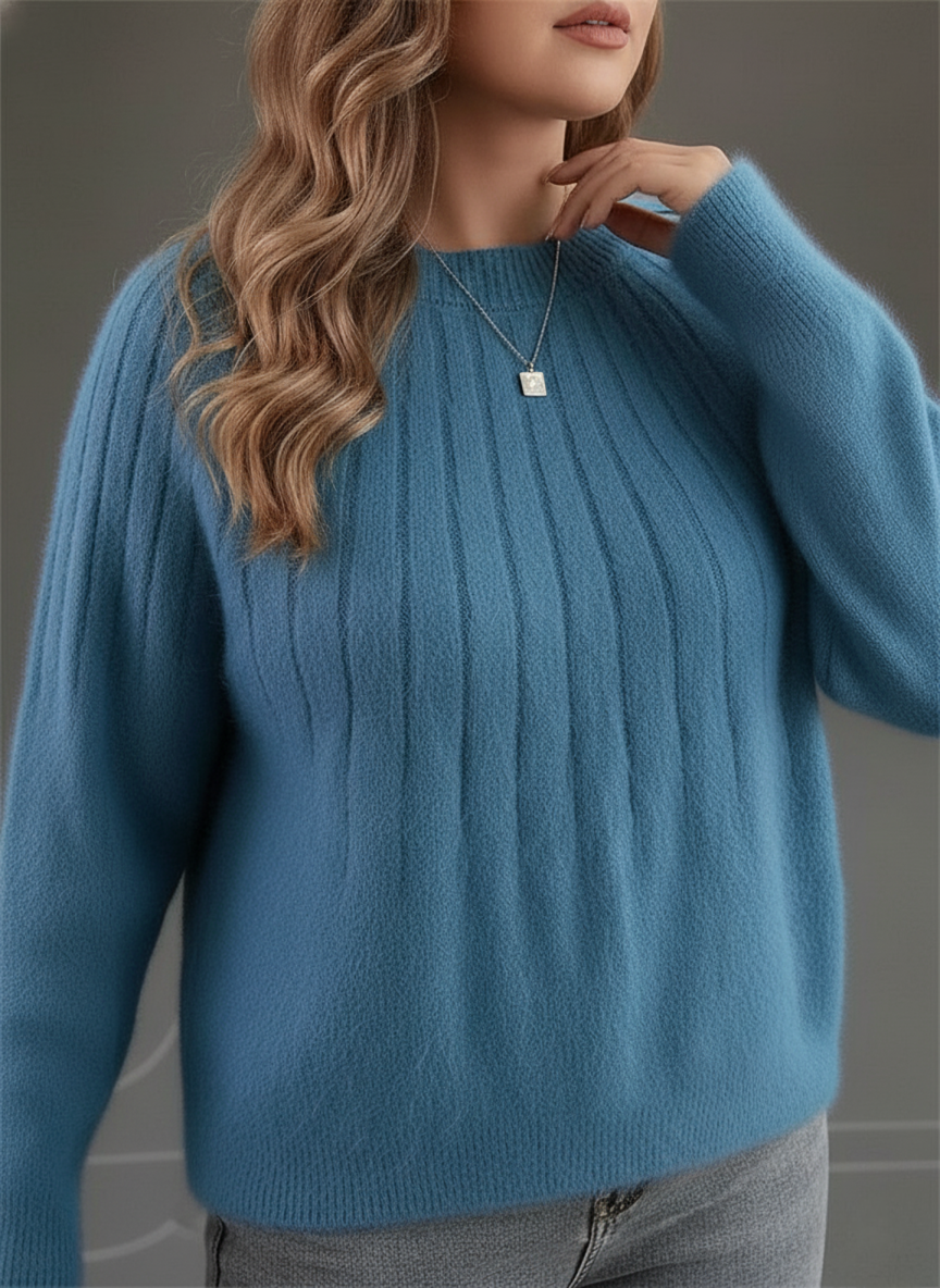 Plus size women's soft rib knit sweater in cozy fluffy fabric, curve-flattering autumn-winter style