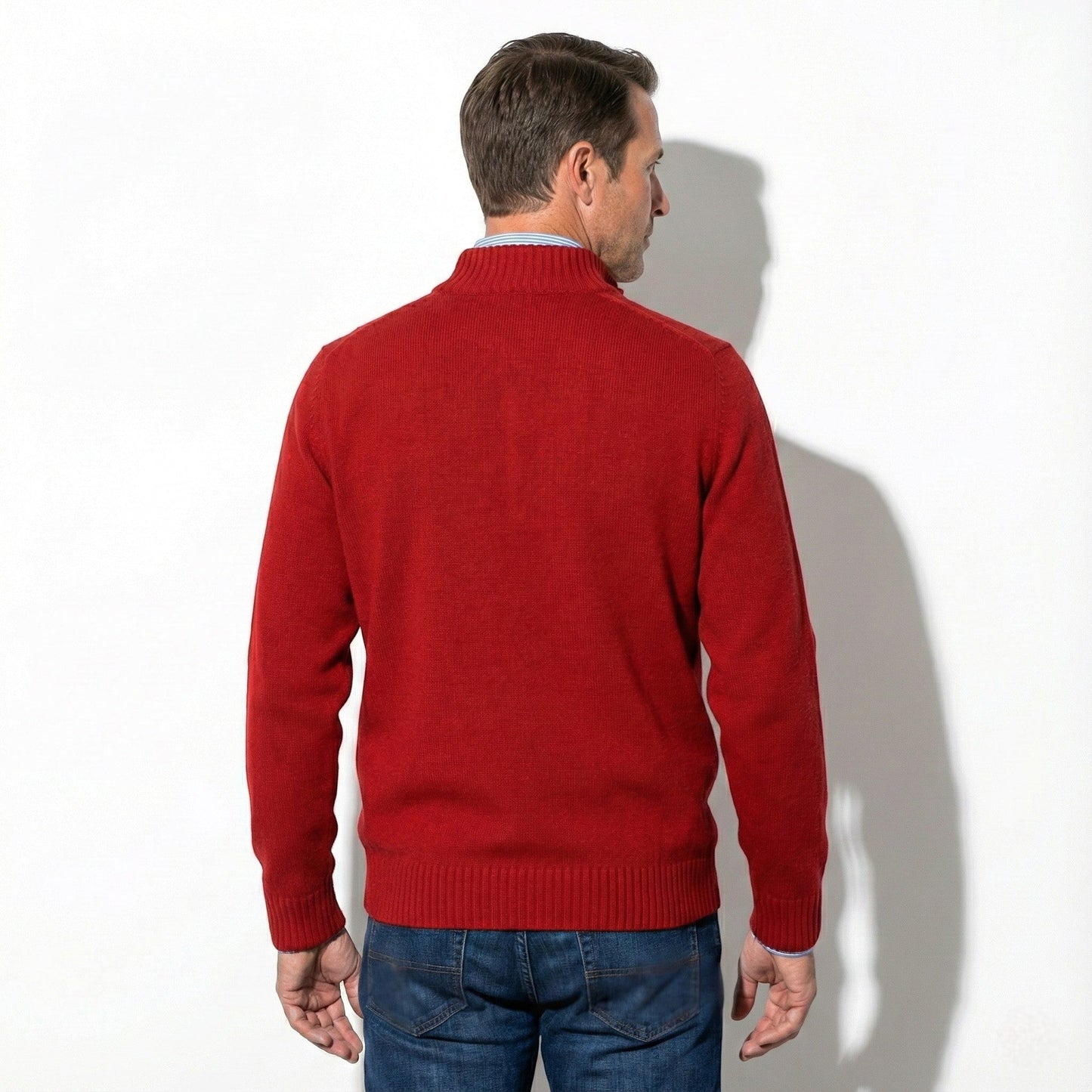 Men's gray quarter-zip mock neck sweater with ribbed cuffs, slim fit knit for smart casual style