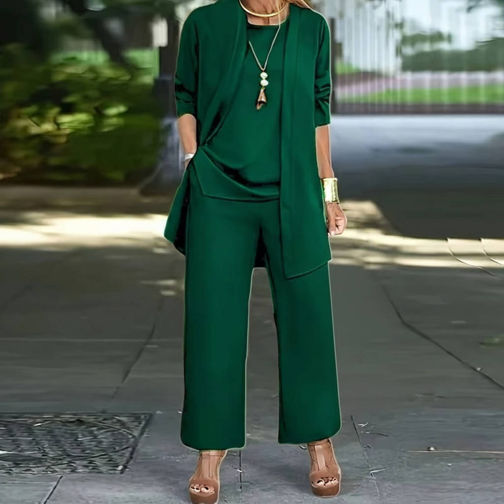Women's 3-piece pantsuit elegant work-to-evening ensemble with matching vest top and tailored pants