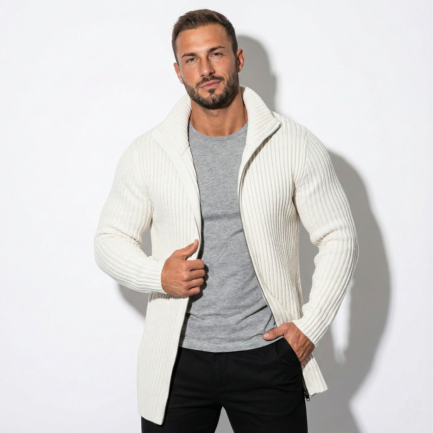 Men's slim fit knit cardigan zipper closure stand collar subtle stripe accents mid-length modern style