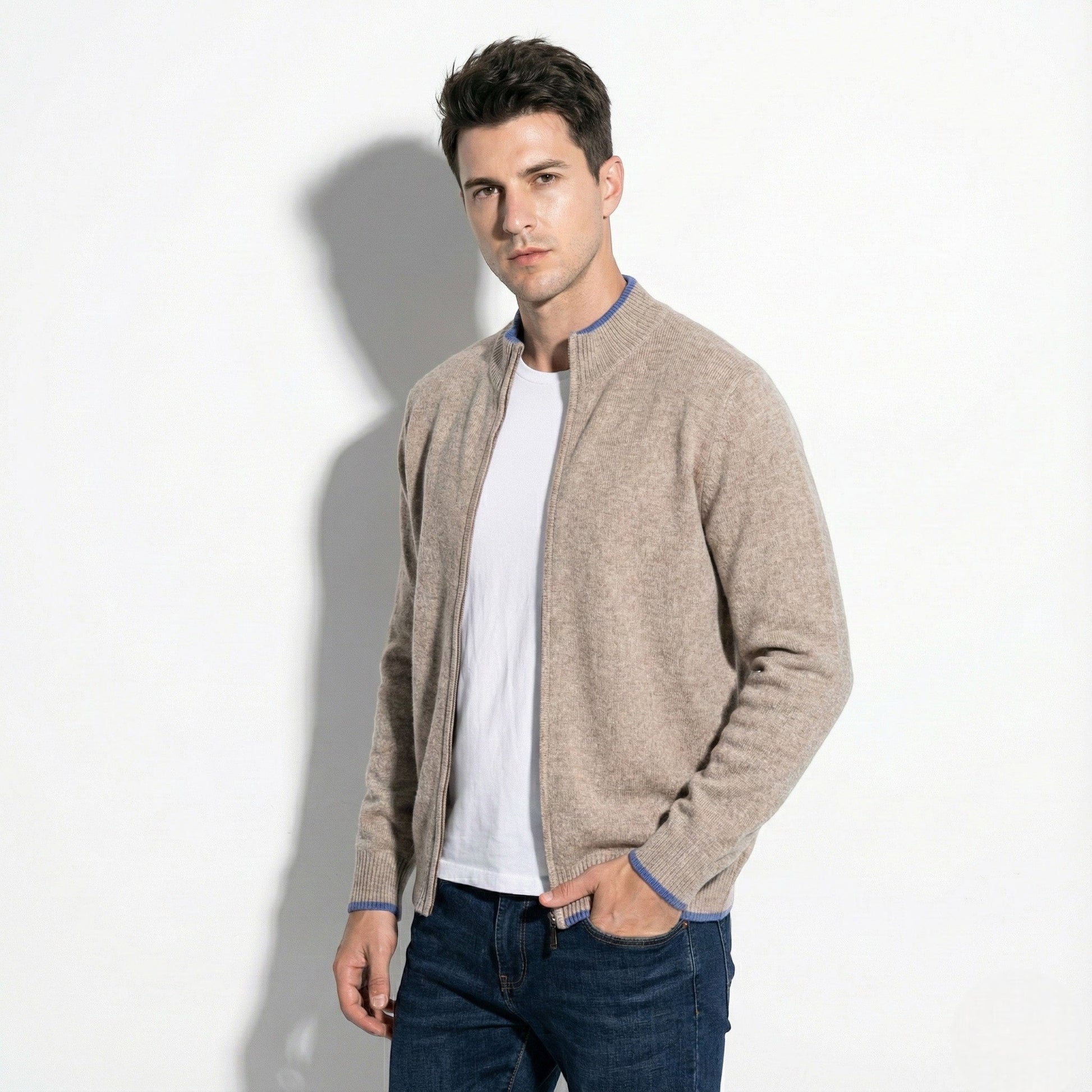 Men's lightweight knitted zip-up cardigan with stand collar and ribbed hems, breathable wool blend