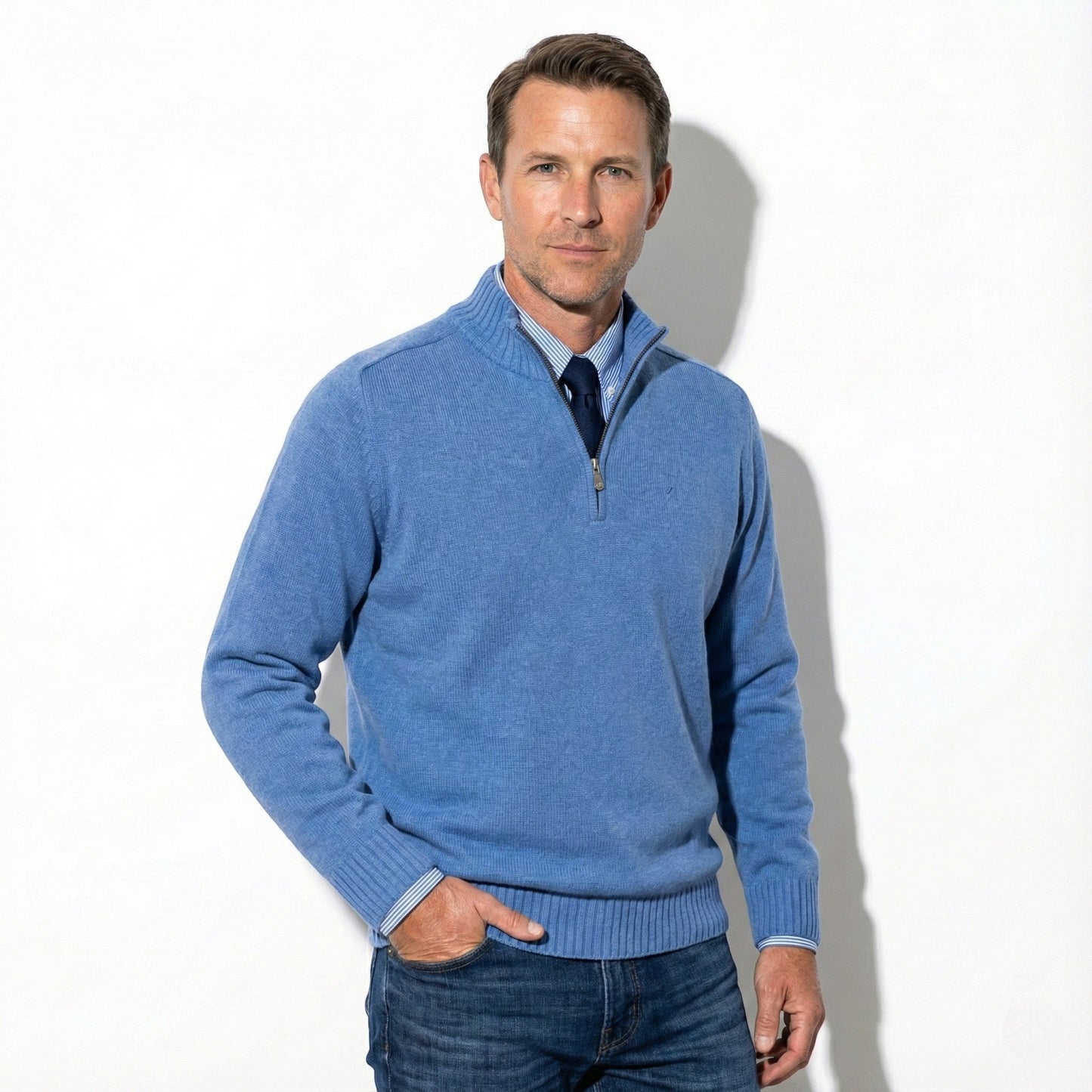 Men's gray quarter-zip mock neck sweater with ribbed cuffs, slim fit knit for smart casual style