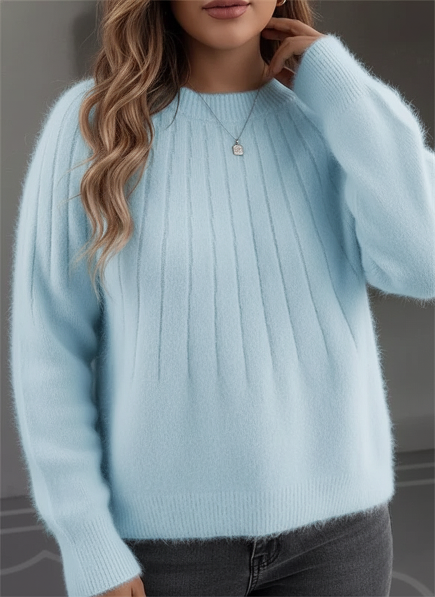 Plus size women's soft rib knit sweater in cozy fluffy fabric, curve-flattering autumn-winter style
