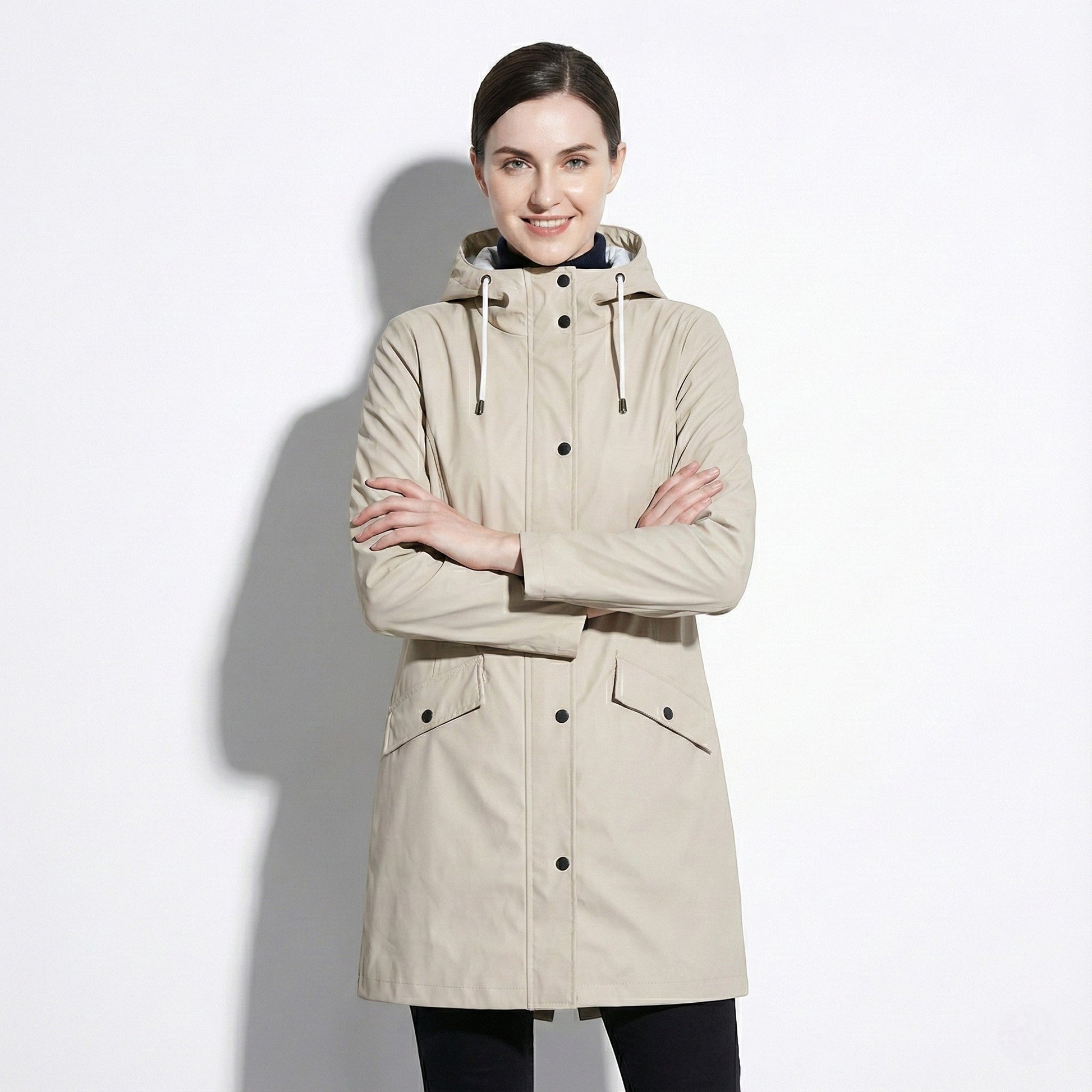 Women's mid-length water-repellent jacket with drawstring hood, sleek urban silhouette