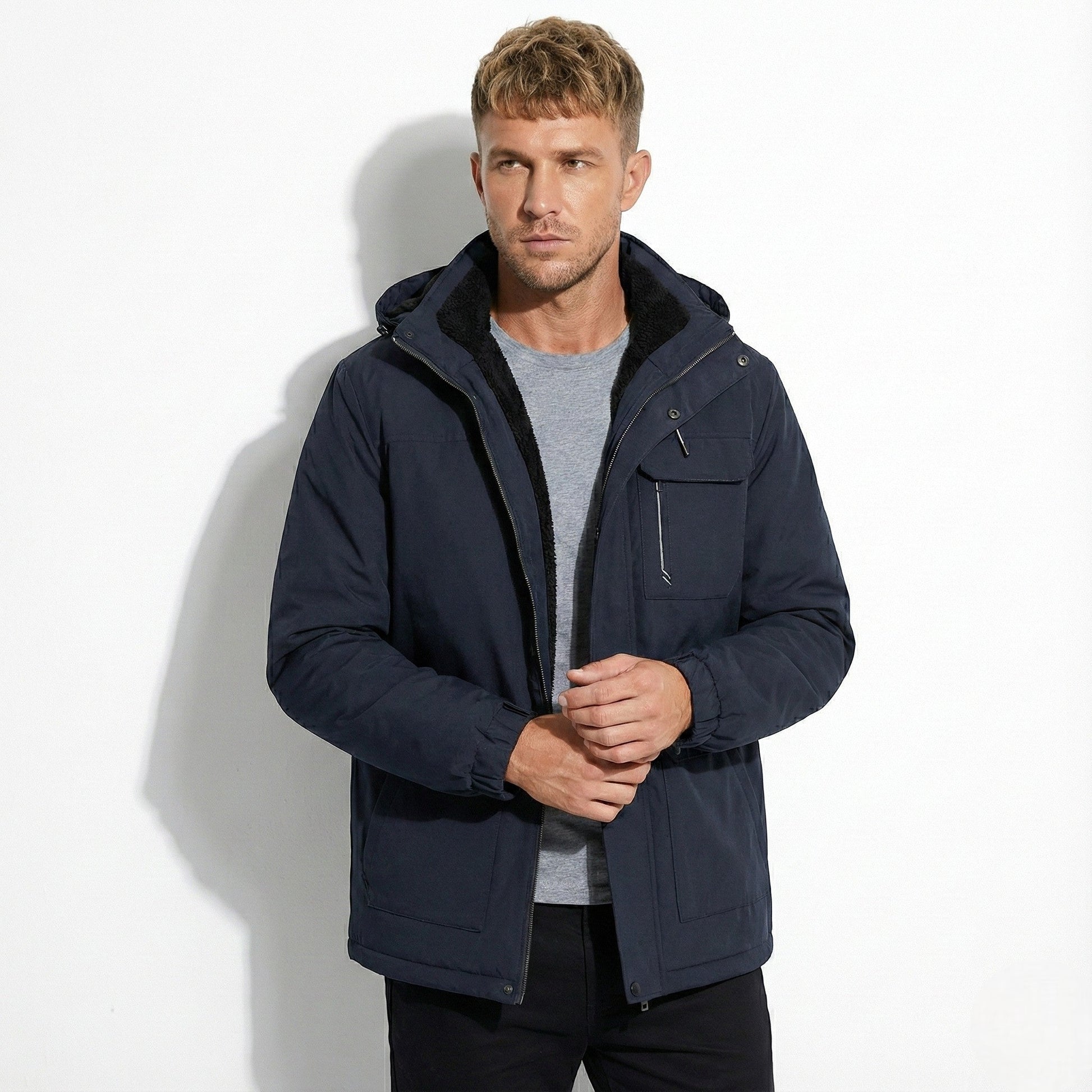 Men's insulated winter parka with adjustable hood, windproof regular fit for cold weather warmth