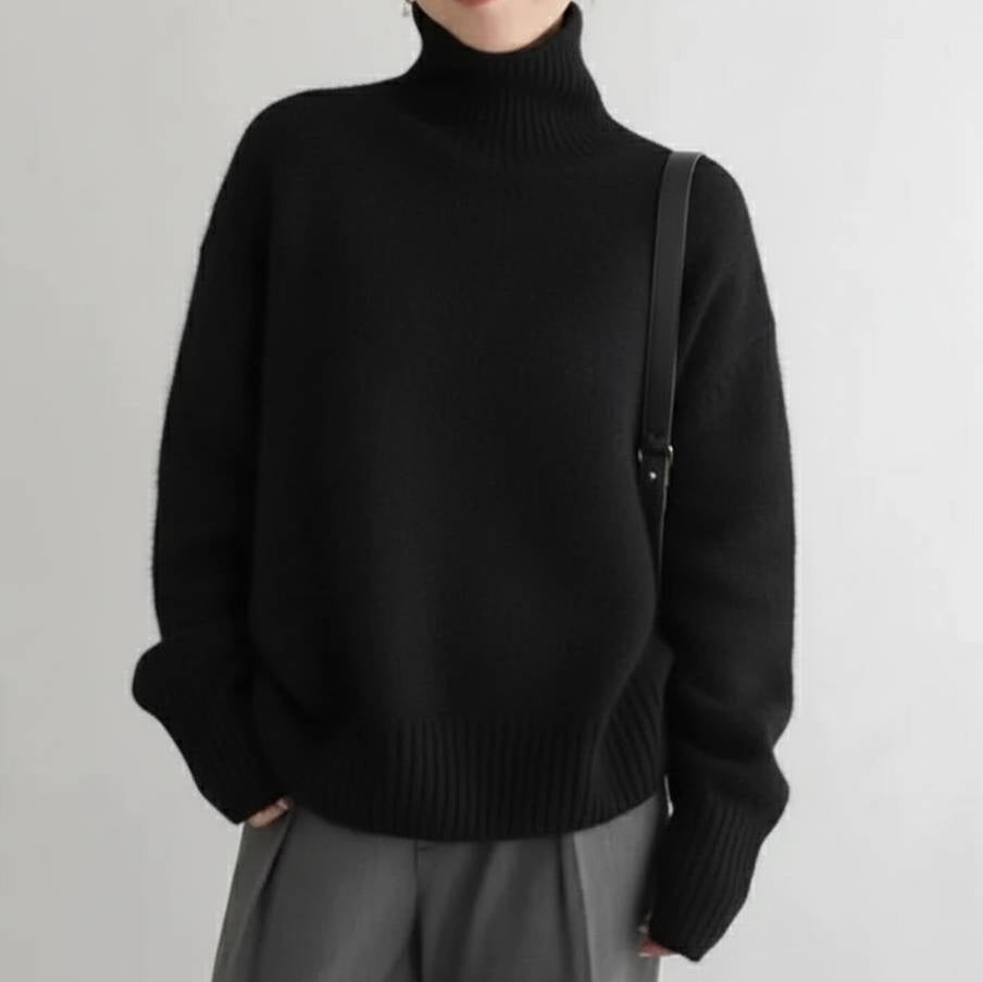 Women's oversized cashmere turtleneck sweater soft lightweight luxury relaxed silhouette everyday comfort