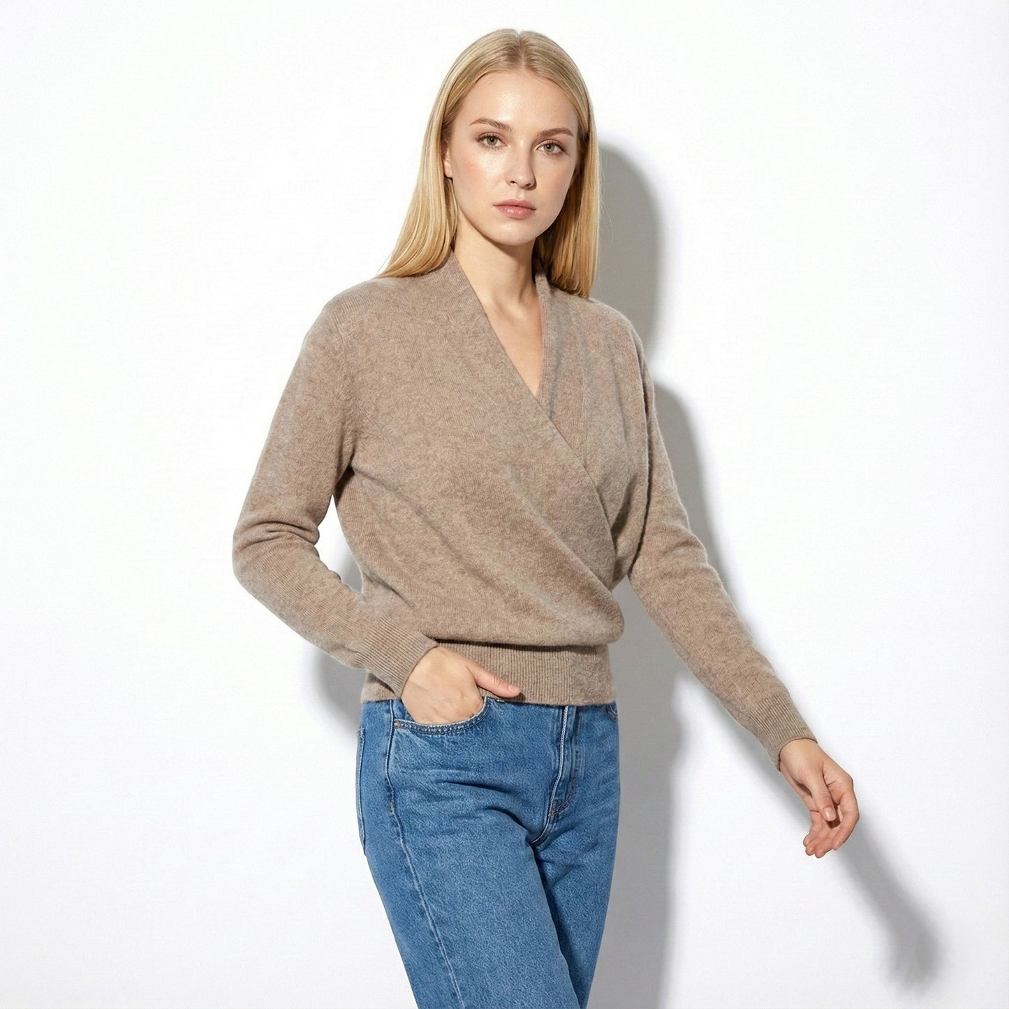 Women's elegant wool wrap sweater in soft draping crossover silhouette for cozy winter style
