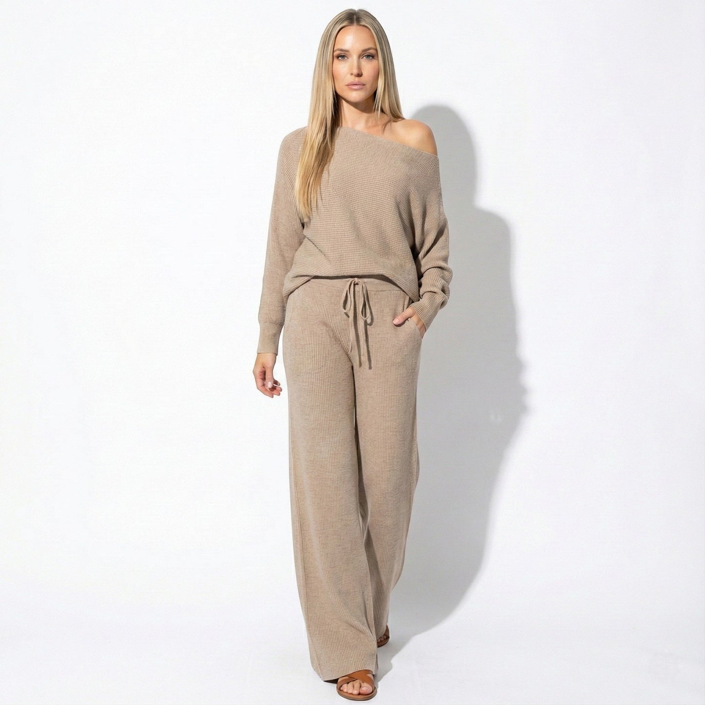 Harper women's off-shoulder lounge set with wide-leg pants, soft relaxed silhouette for effortless style