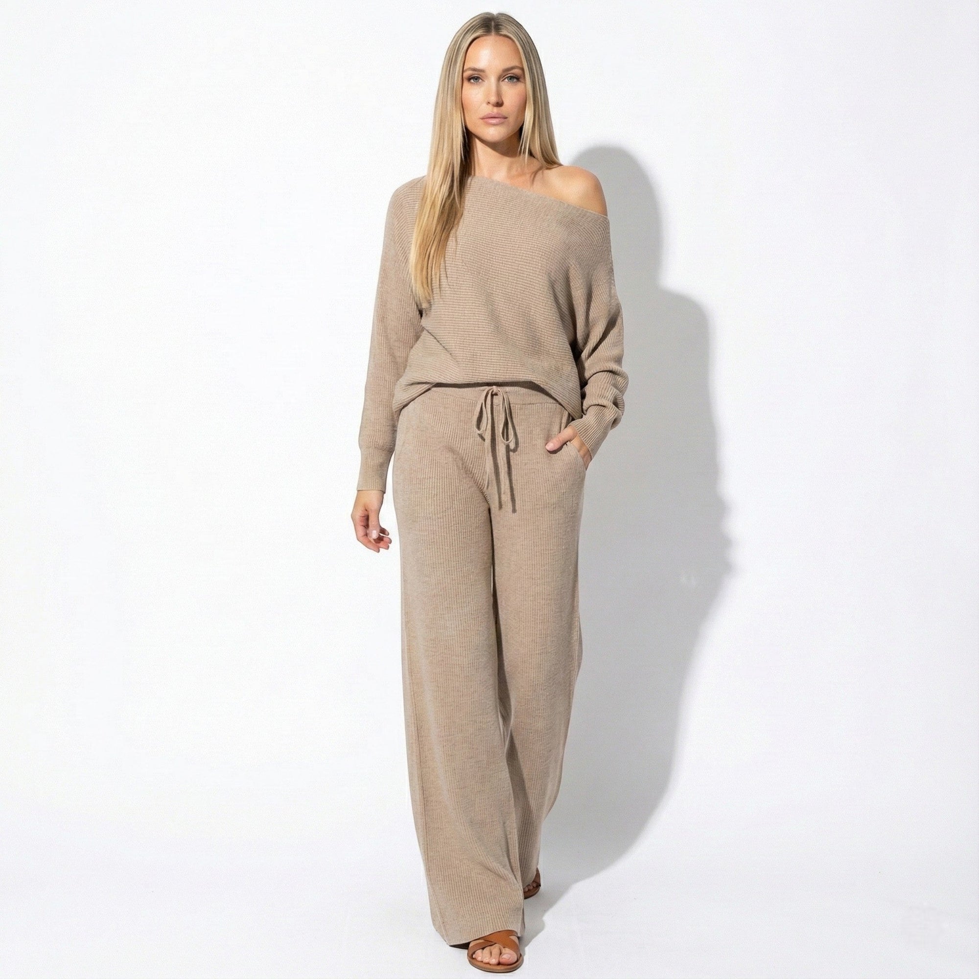 Harper women's off-shoulder lounge set with wide-leg pants, soft relaxed silhouette for effortless style