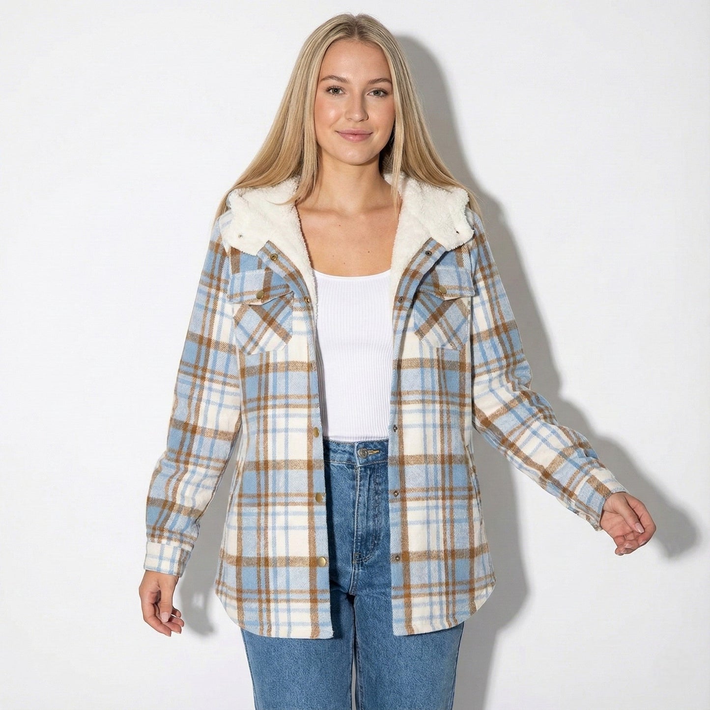 Women's plaid overshirt jacket with soft sherpa lining, casual chic cozy everyday warmth