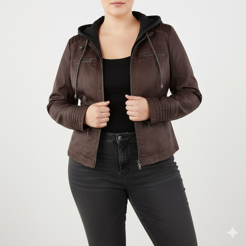 Women's plus size eco-leather hooded motorcycle jacket, curve-friendly comfort fit with removable hood