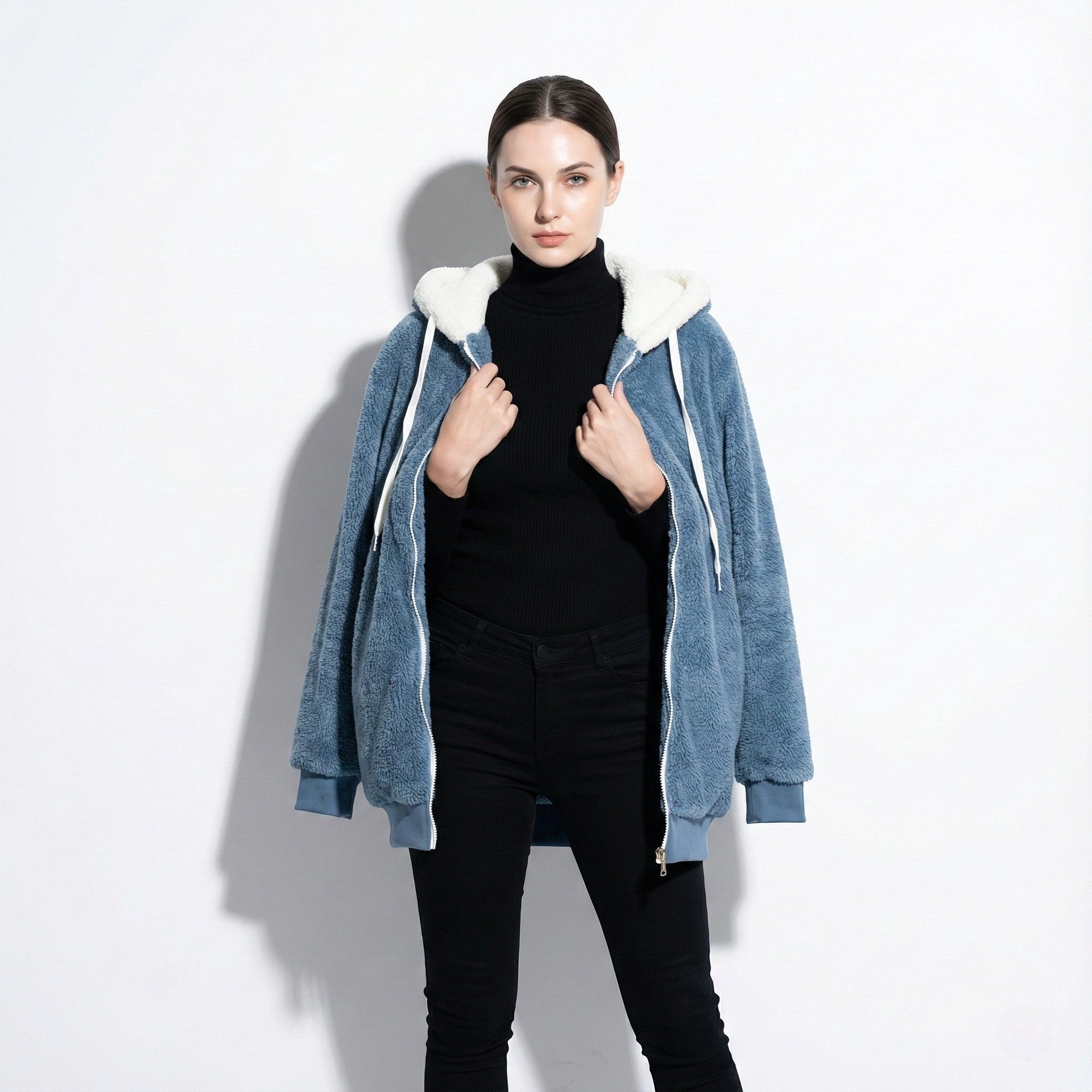 Women's oversized zip-up hoodie with drawstring hood, soft sherpa-lined cozy layering piece