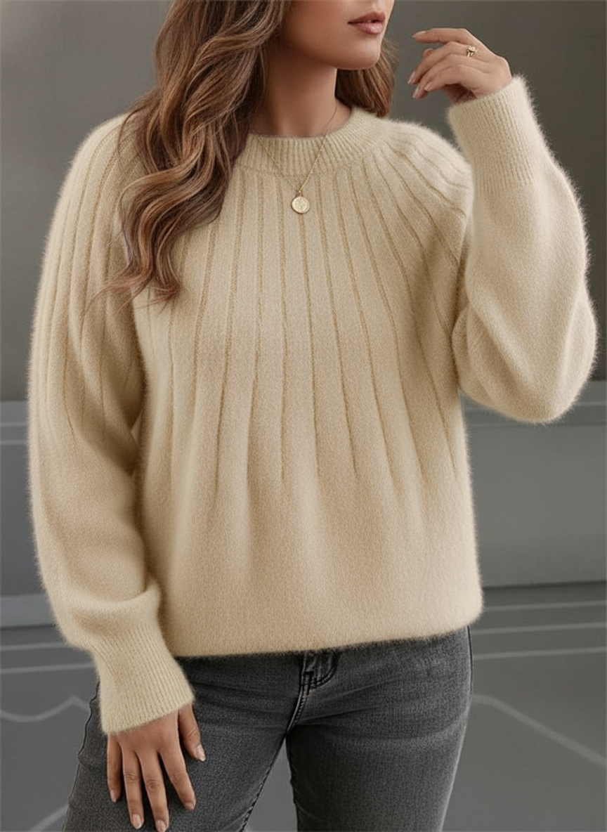 Plus size women's soft rib knit sweater in cozy fluffy fabric, curve-flattering autumn winter style