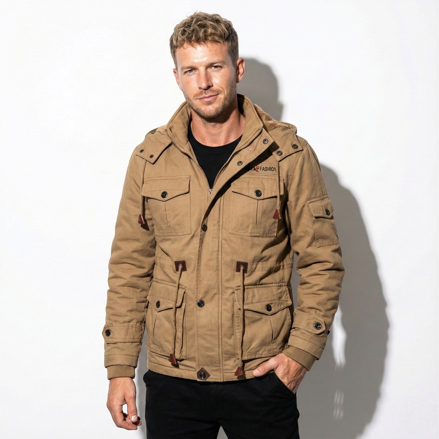 Men's winter cargo jacket in neutral tone, faux fur-lined, relaxed fit with multiple utility pockets
