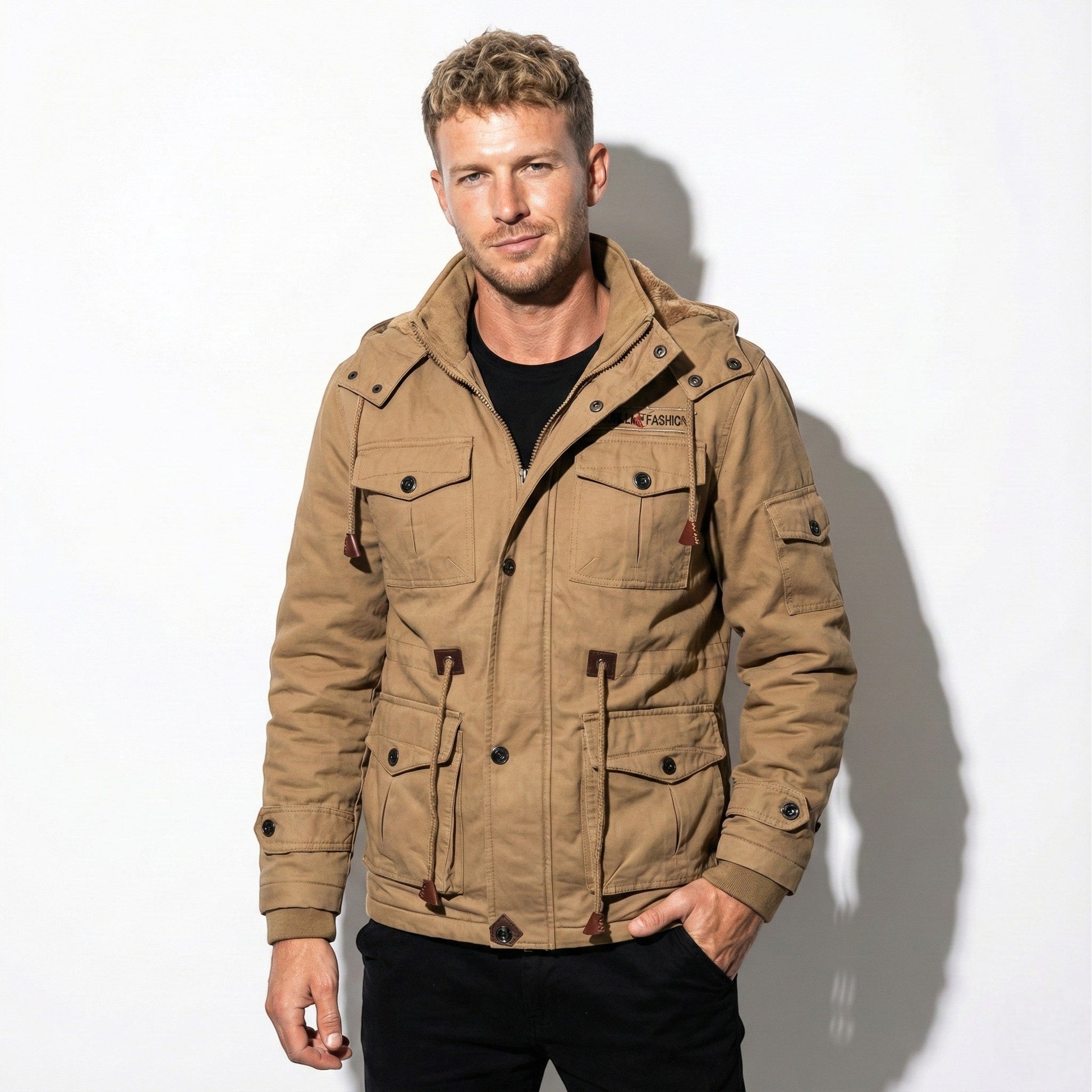 Men's winter cargo jacket in neutral tone, faux fur-lined, relaxed fit with multiple utility pockets