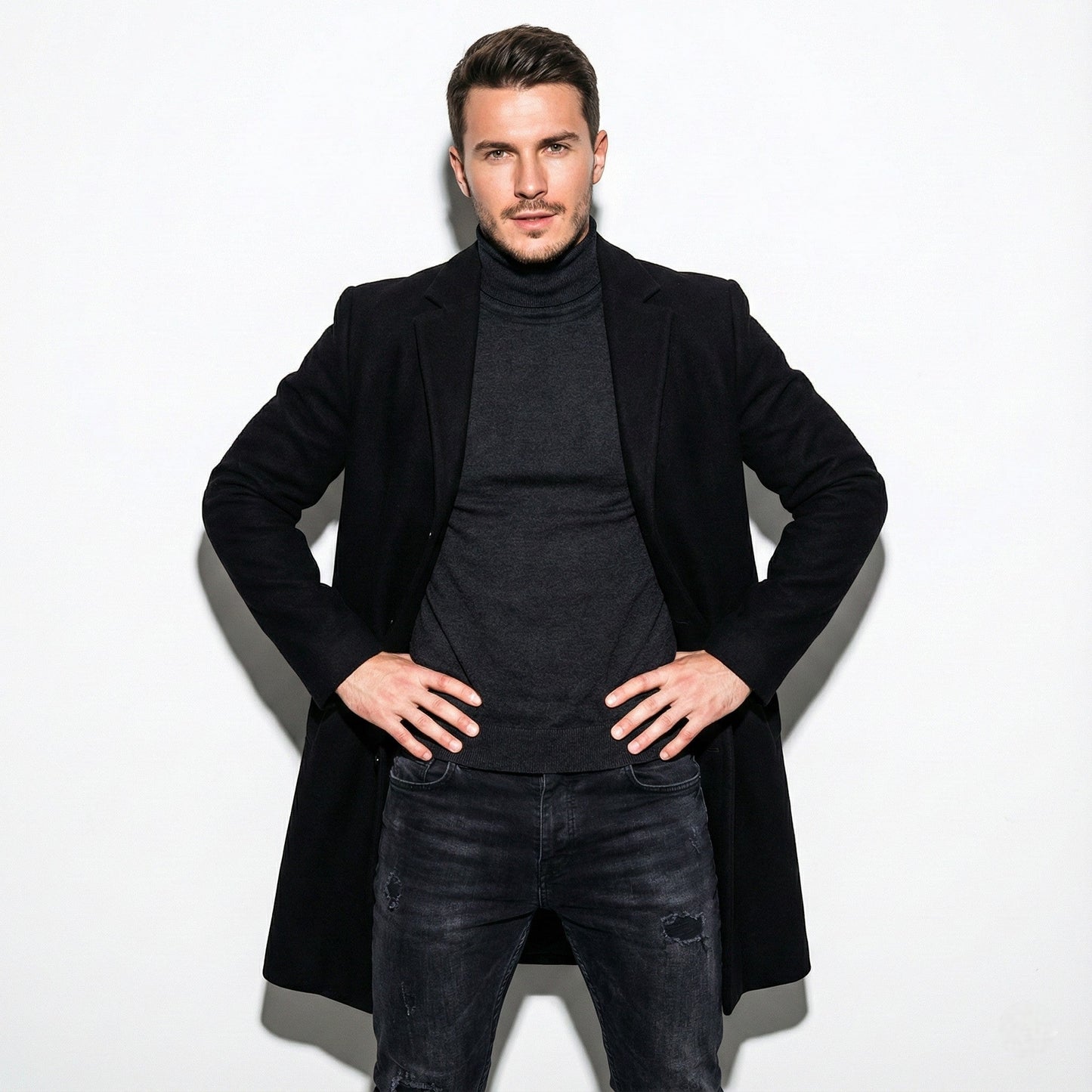 Men's slim fit mid-length overcoat notch lapel wrinkle-resistant tailored silhouette urban style