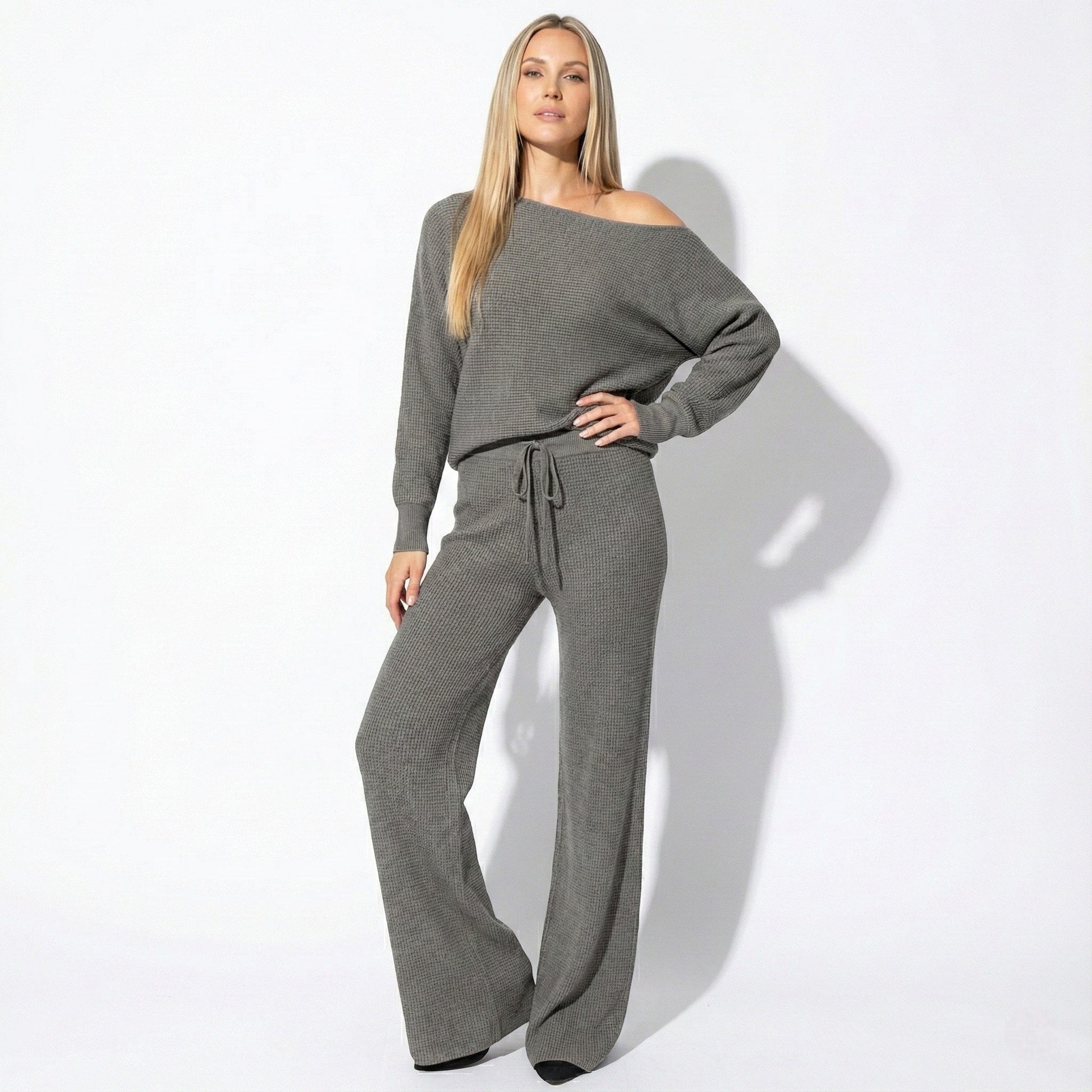 Harper women's off-shoulder lounge set with wide-leg pants, soft two-piece coordinated ensemble