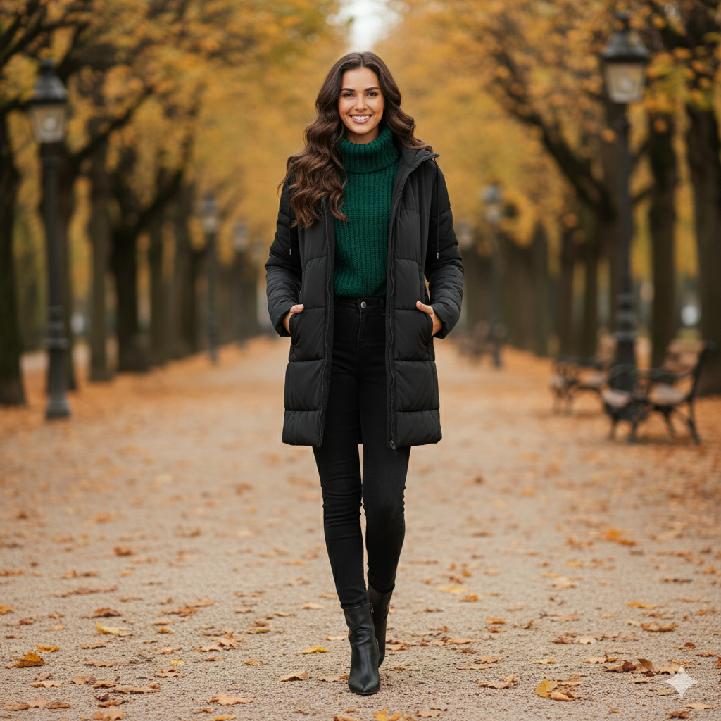 Women's long hooded puffer jacket lightweight quilted insulation minimalist silhouette cold weather