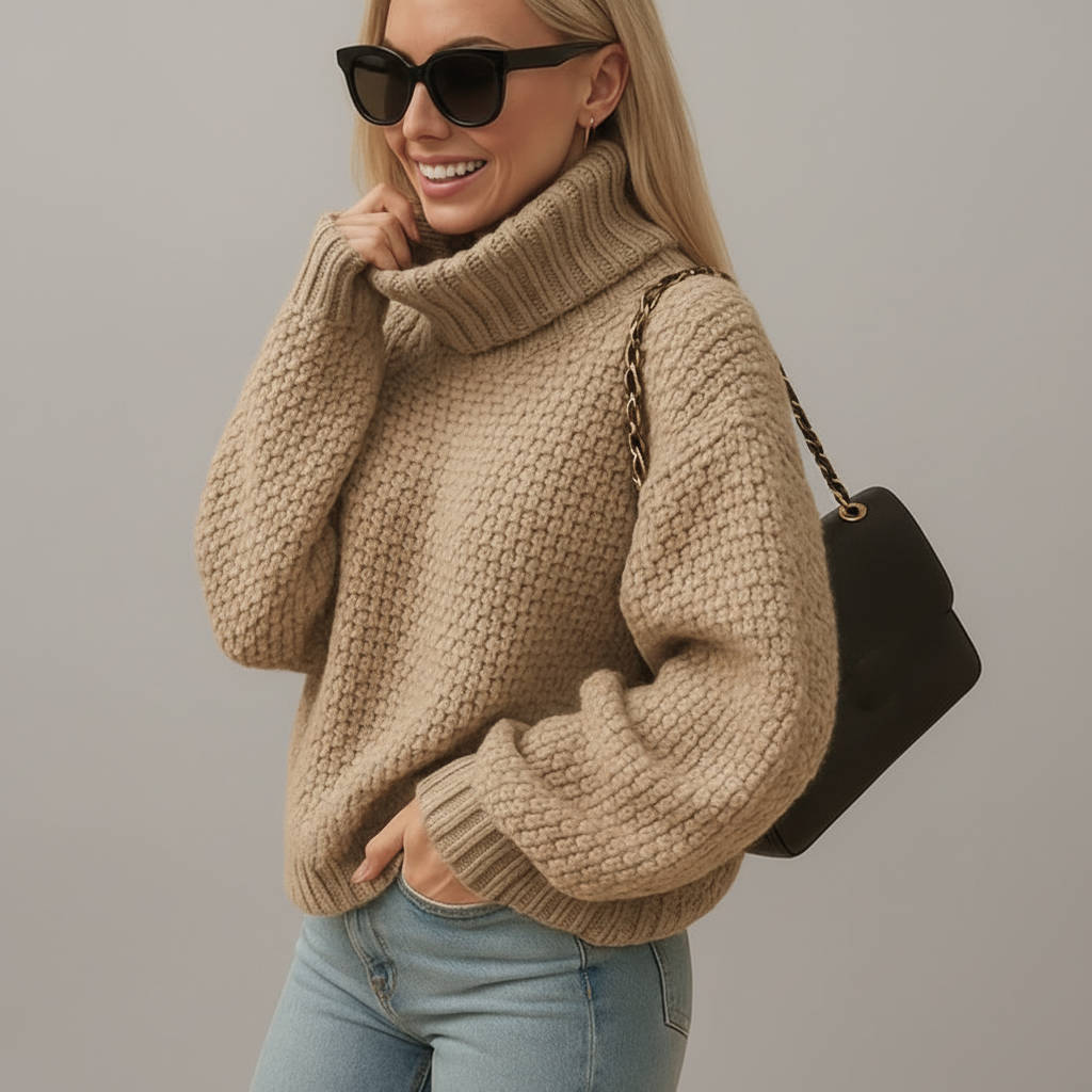 Women's cream chunky knit turtleneck sweater cozy cotton-polyester blend for everyday casual wear