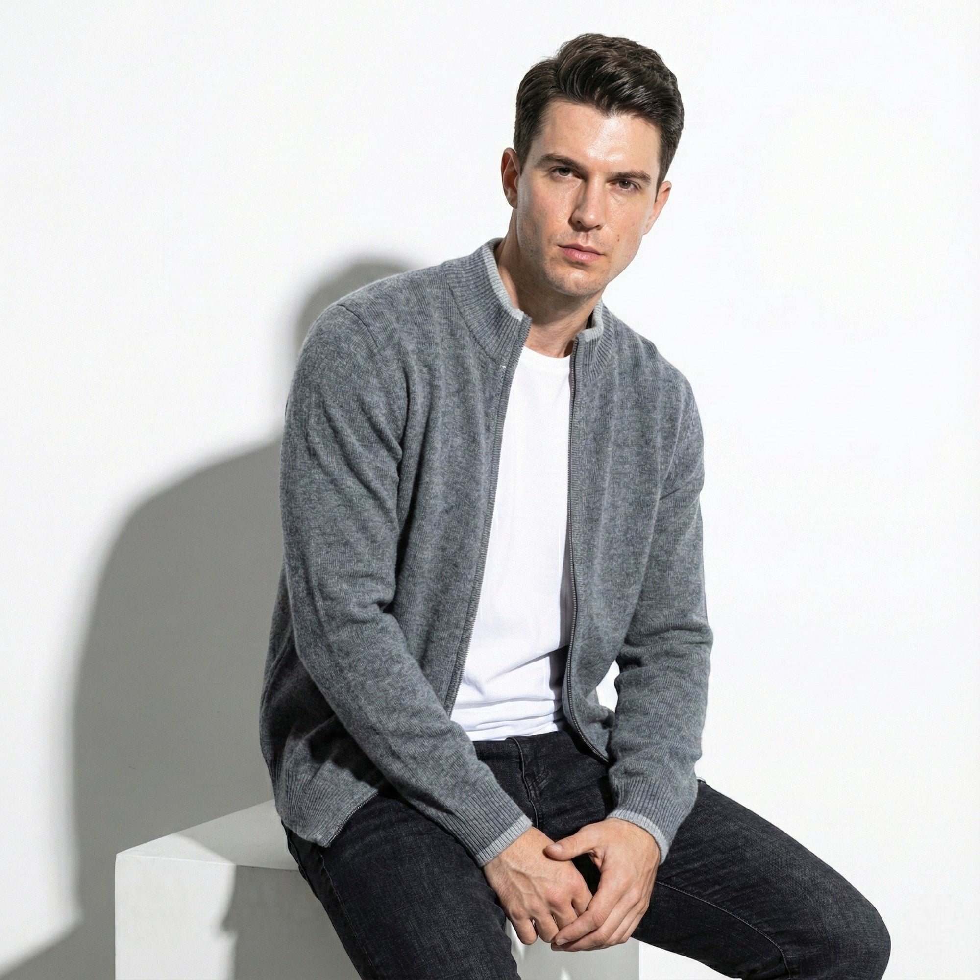 Men's zip-up cardigan ribbed collar soft knit texture regular fit everyday essential layering