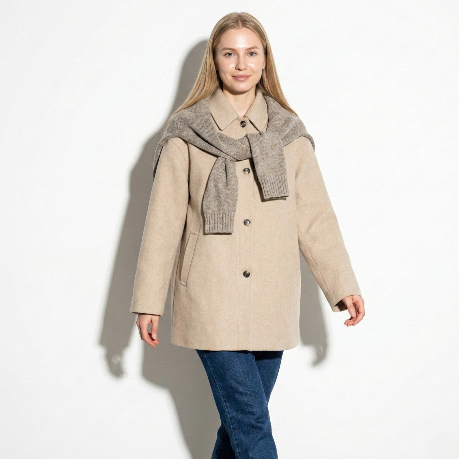 Women's loose wool blend Marlene coat with timeless elegant silhouette and button closure