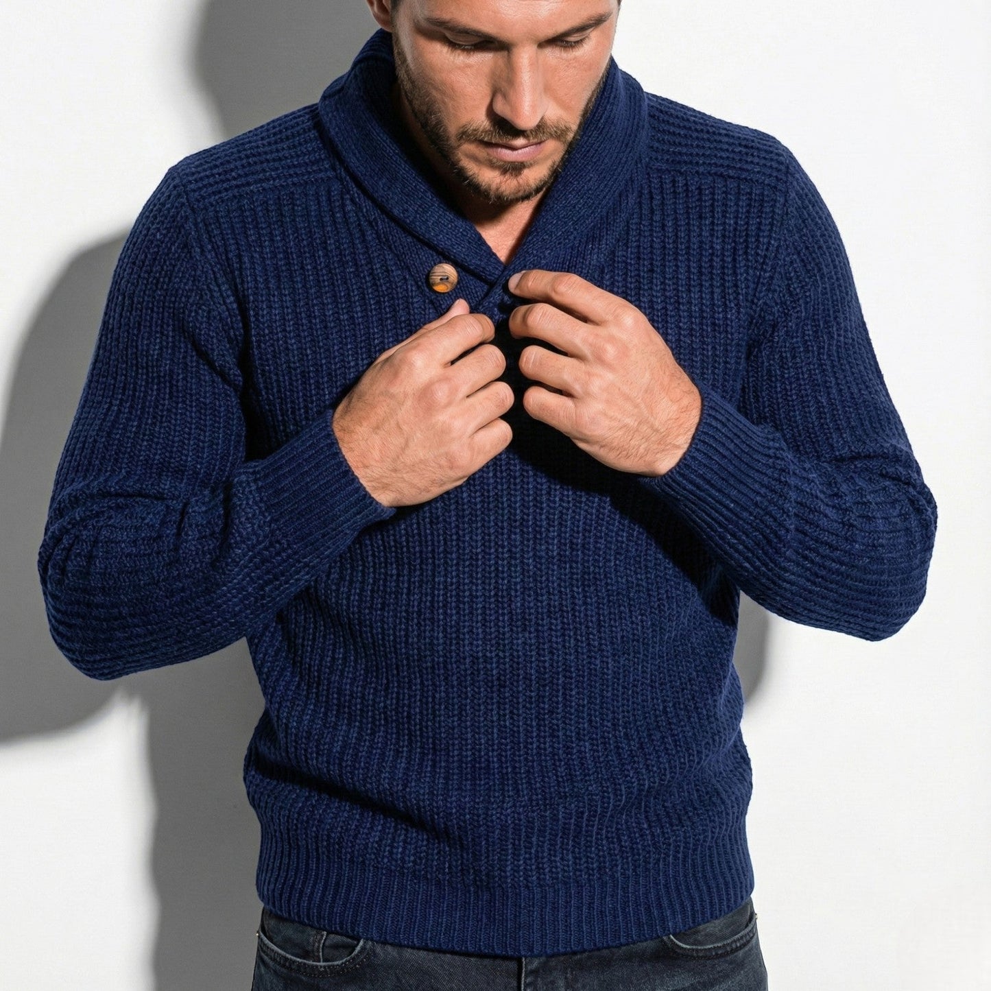 Men's ribbed knit sweater with shawl collar, loose urban fit dropped shoulders