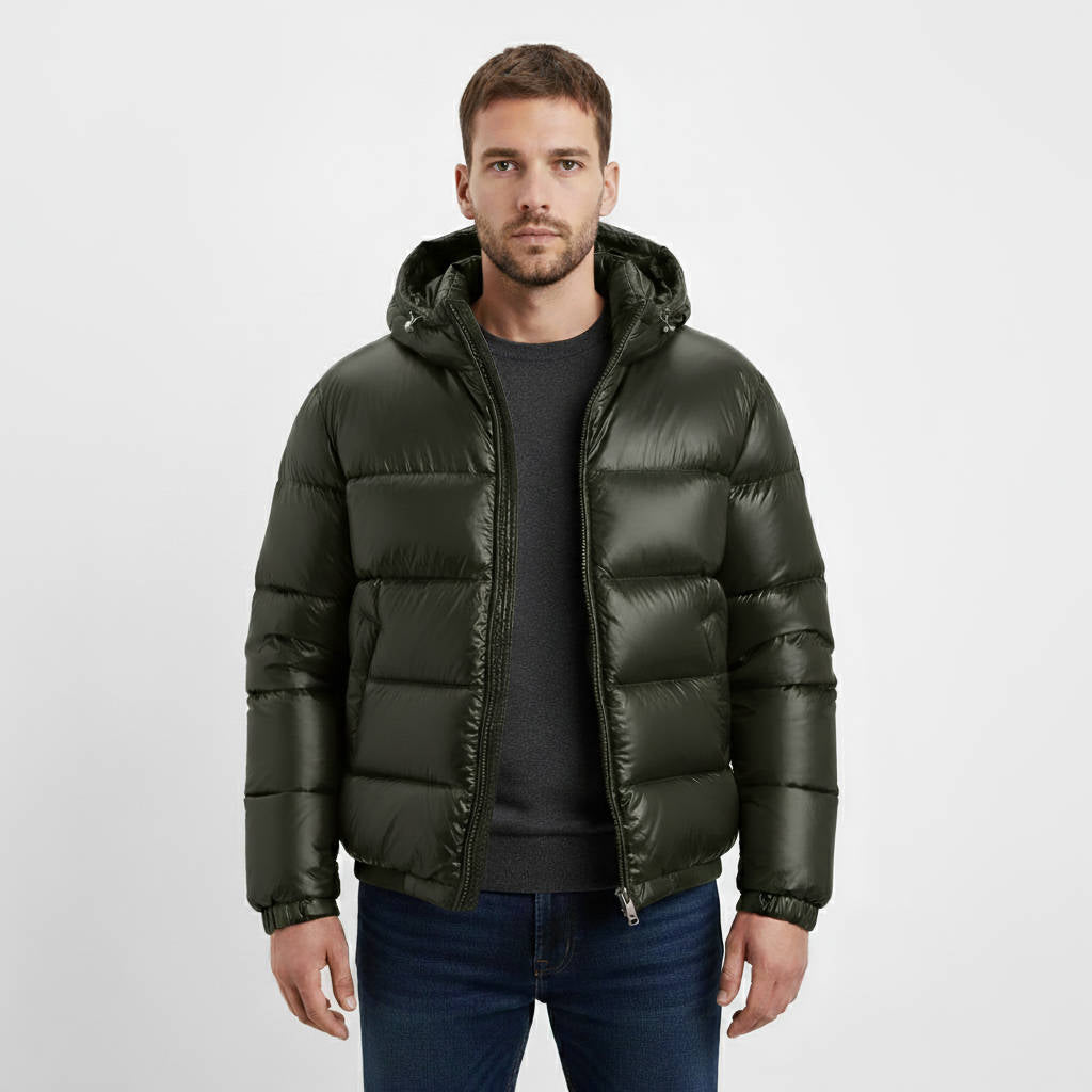 Men's glossy puffer jacket with hood, lightweight insulated windproof winter coat sleek shiny finish