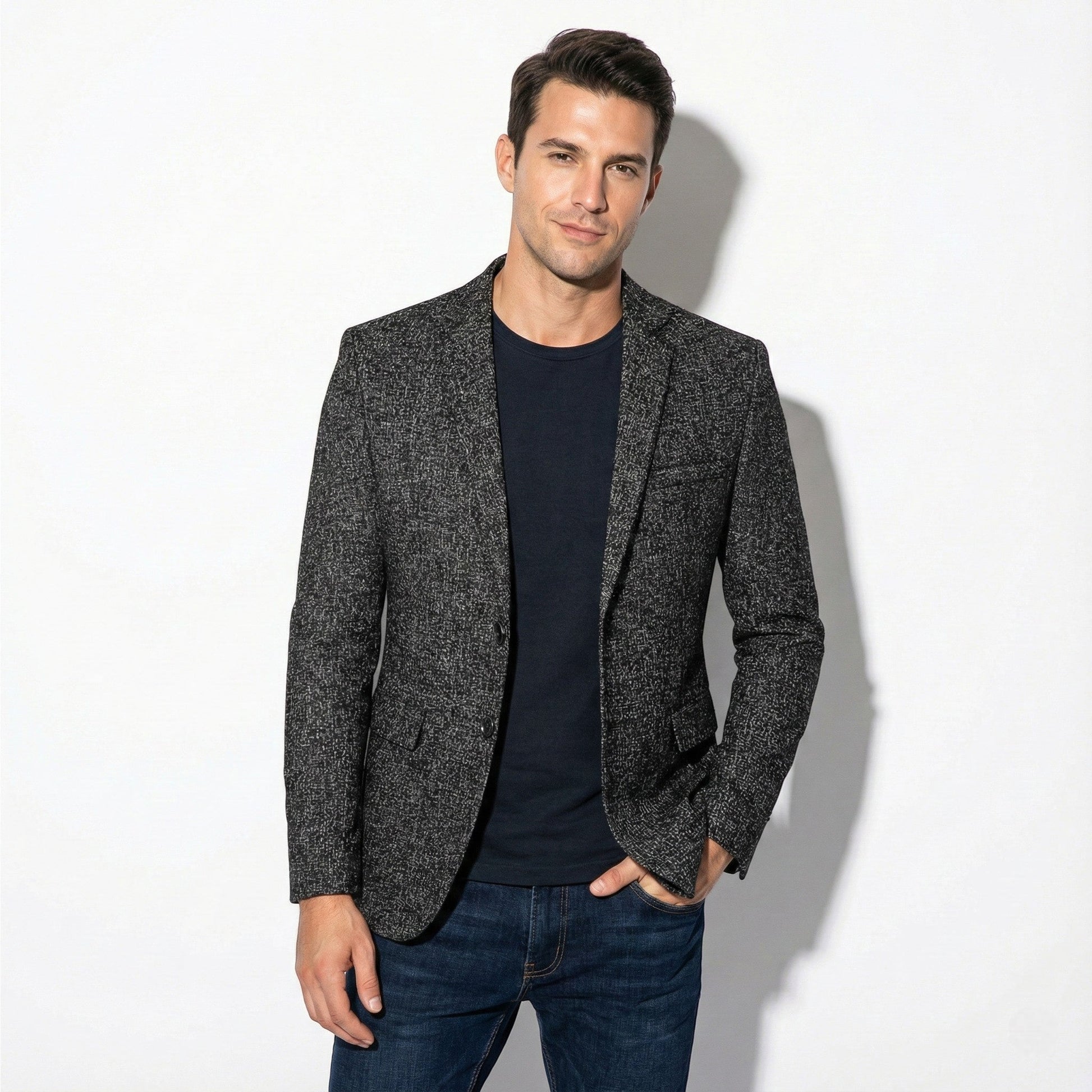 Men's slim fit textured pure wool blazer with two-button closure and flap pockets for formal wear