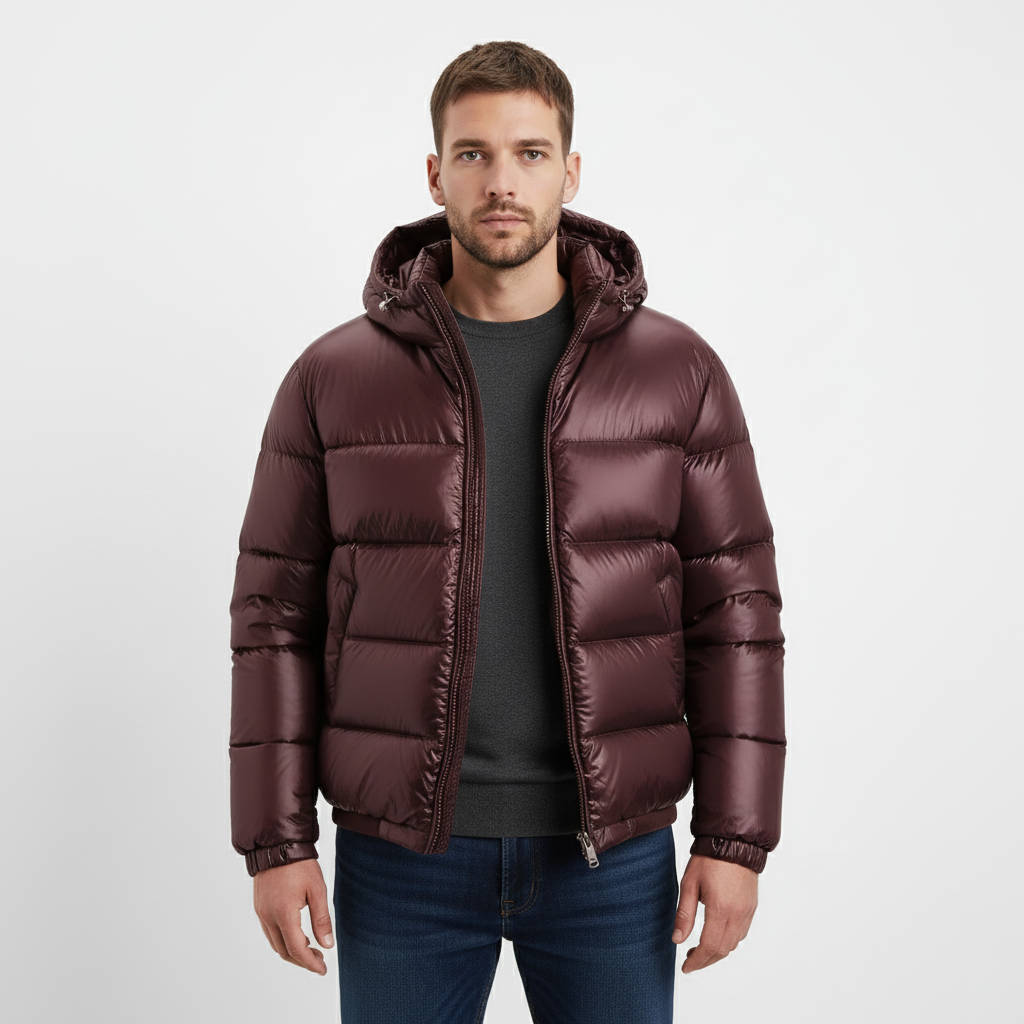 Men's glossy puffer jacket with hood, lightweight insulated winterproof coat sleek shiny finish